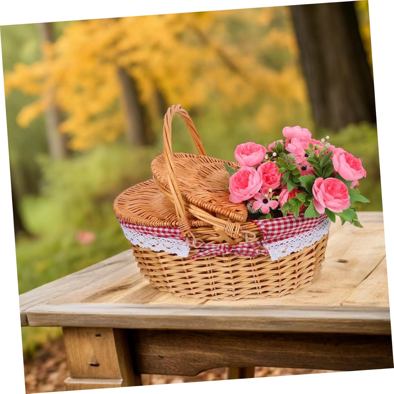 Vintage Willow Picnic Basket with Double Folding Handles and Removable Lace Liner Handwoven Rustic Rattan Hamper for Outdoor Picnics Market Shopping and Holiday Gifting