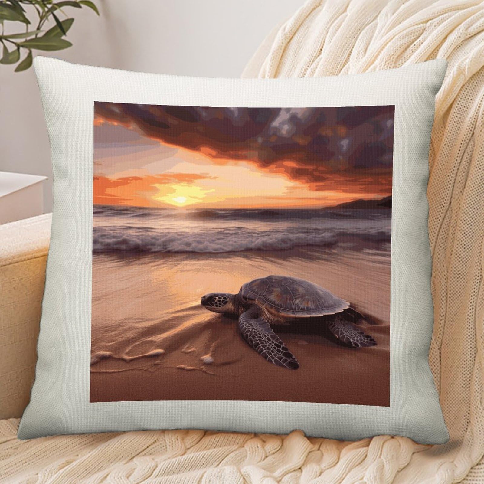 Adfgyerh Style Sea Turtle Sunset Pillow Cover Breathable,Pillowcases Boho Decorative Envelope Closure,Throw Pillow Covers For Beach,Patio,Balcony,Couch Living Room 18 * 18In