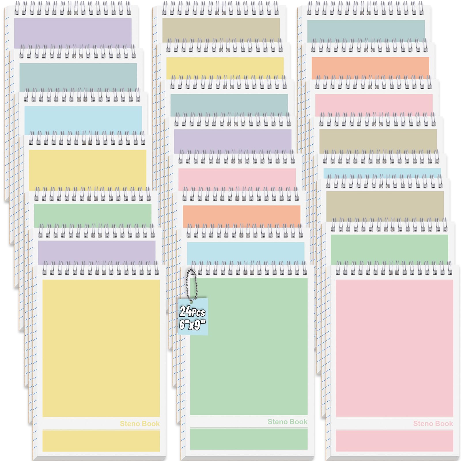 Lot de 24 carnets Steno de 15,2 x 22,9 cm avec dessus à spirale en vrac, 8 couleurs assorties, 60 feuilles de papier à lettre Gregg Rule pour étudiants, enseignants, hommes, femmes, professionnels