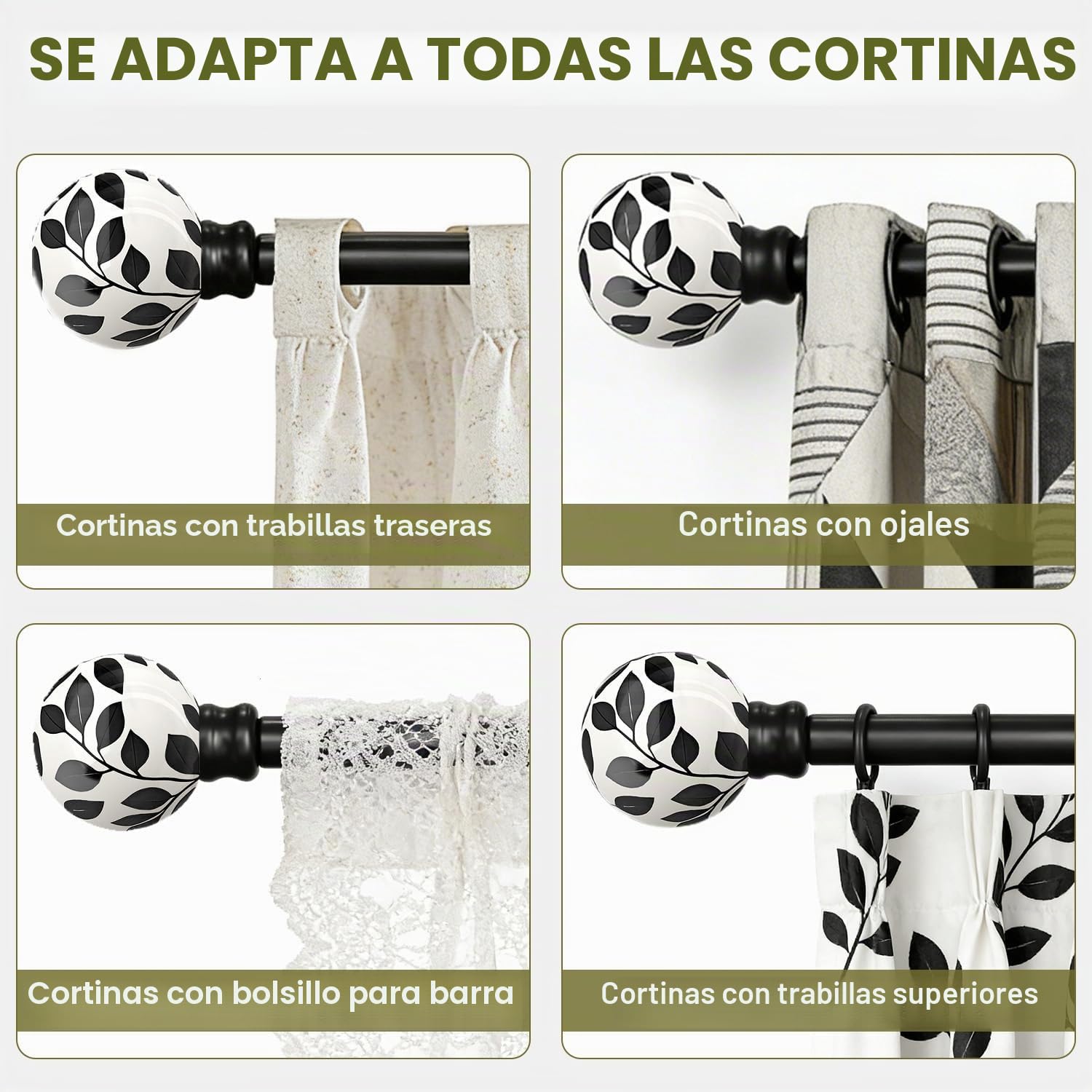 Barra Cortina Negra 80-365 Cm,Extensible De Metal Pesado | DiáMetro De 25 Mm,Montaje En Pared, Con Topes De Hoja De CeráMica Y Soportes, Para SalóN, Dormitorio, Cocina, Terraza
