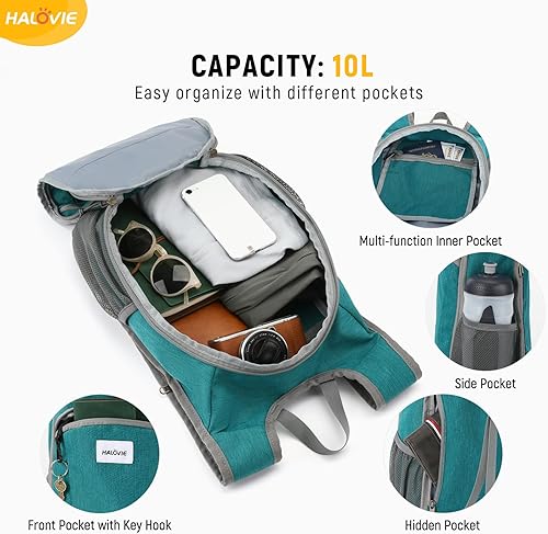 Miniatura 3 de HALOVIE Mochila de senderismo pequeña de 10 L, plegable, ligera, mochila de viaje plegable para mujeres y hombres (cian)