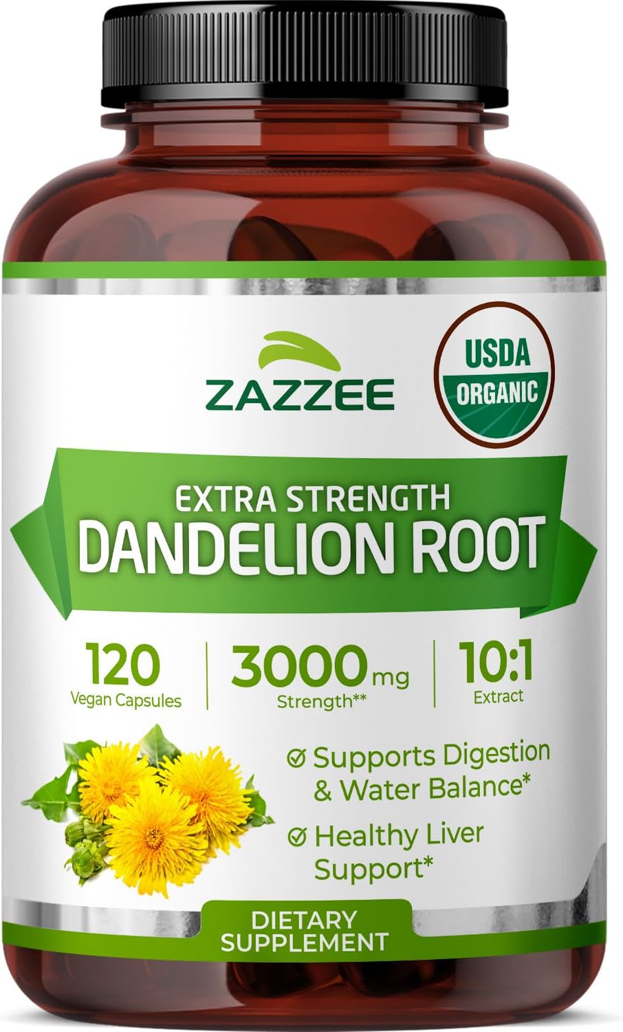 Zazzee USDA Organic Dandelion Root 10:1 Extract, 120 Capsules, 4 Month Supply, Liver & Detox Support, Taraxacum Officinale, Organic Herbal Supplement, All-Natural, Non-GMO, Made in the USA