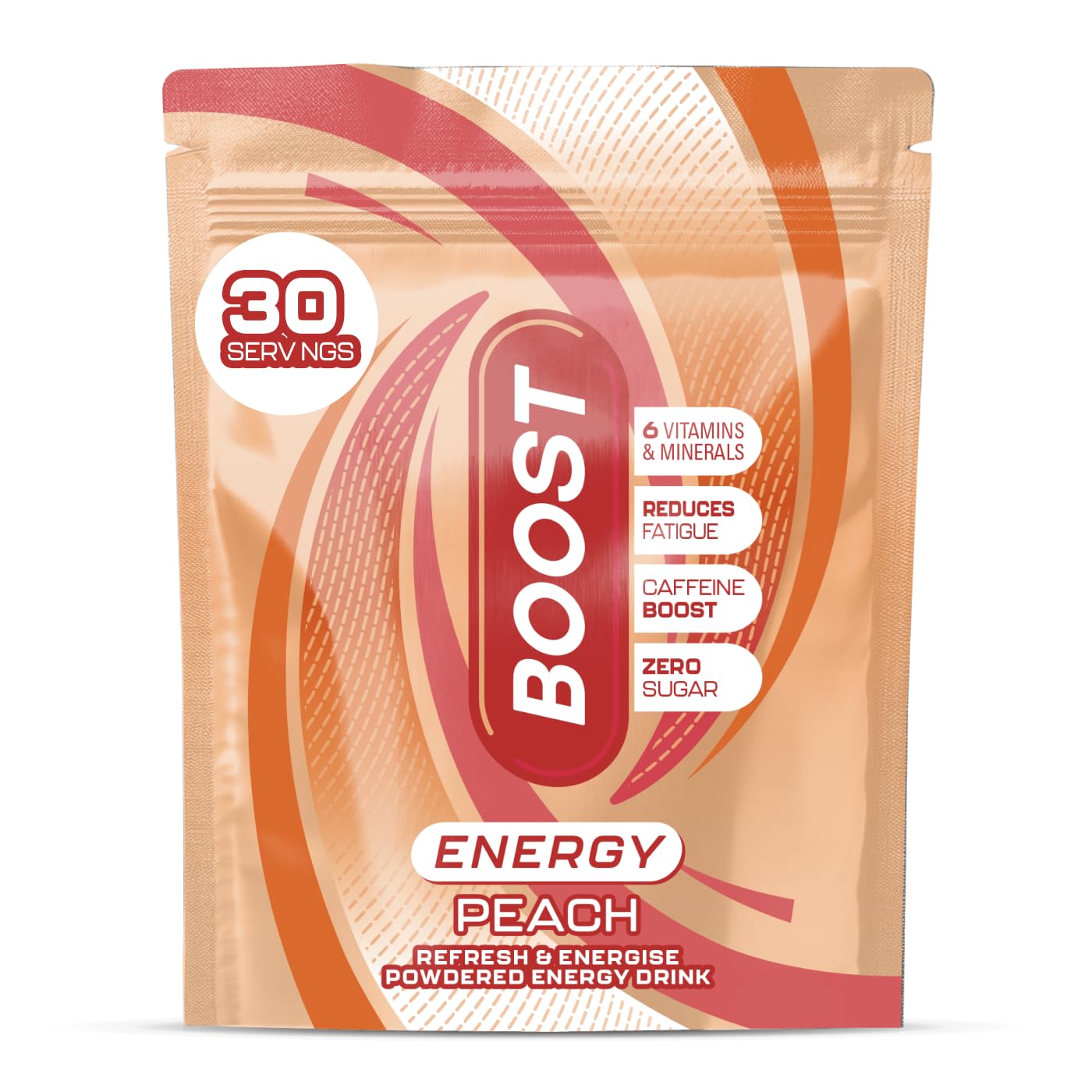 Boost Energy and Hydration Powder - Peach Flavour - 30x Serving Pouch - Sugar Free Caffeine Energy Drink Powder with Vitamins, Mineral & Zinc for Energised Hydration - Suitable for Vegans