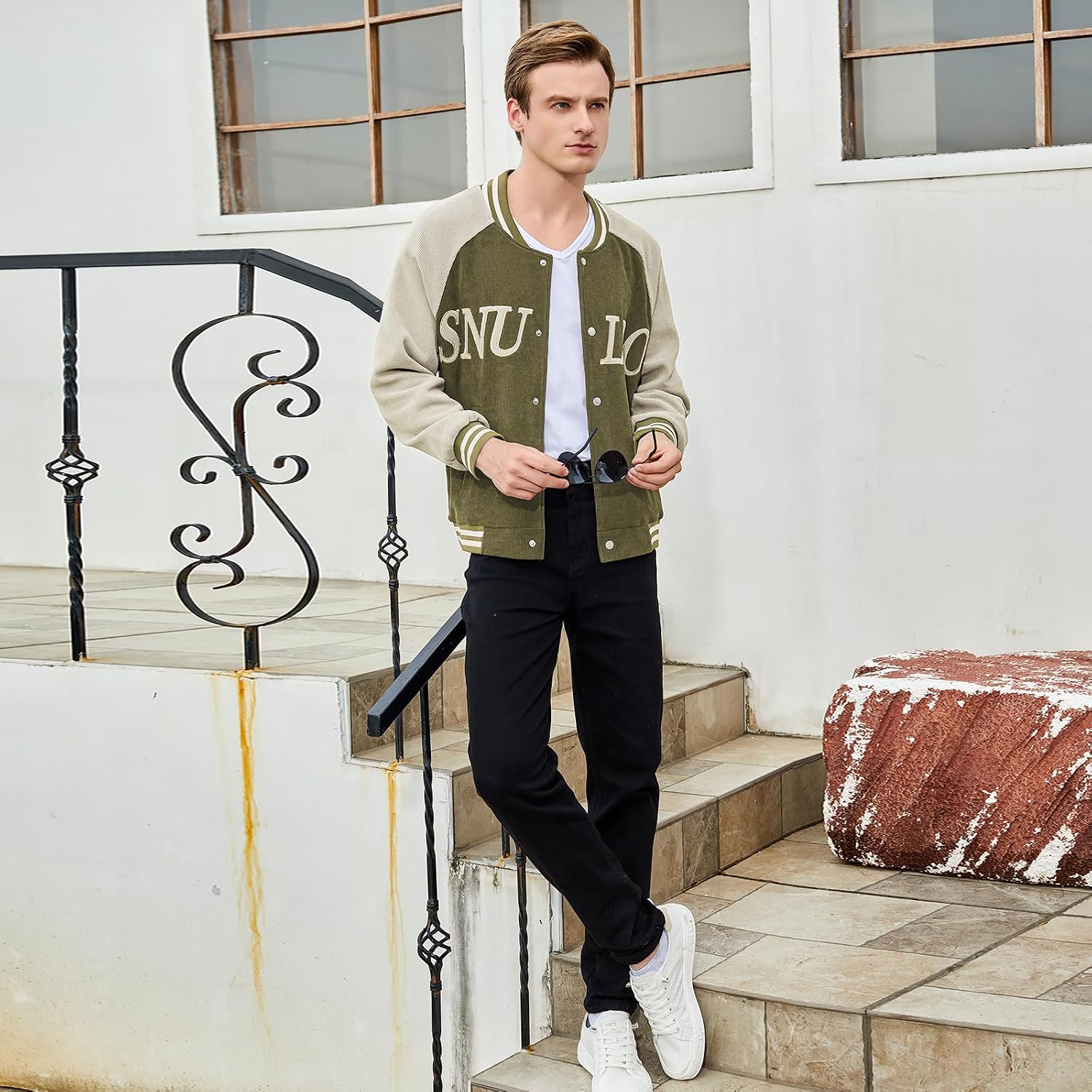 Men's Varsity Jacket Casual Baseball Bomber Jackets Buckle Style Relax Fit