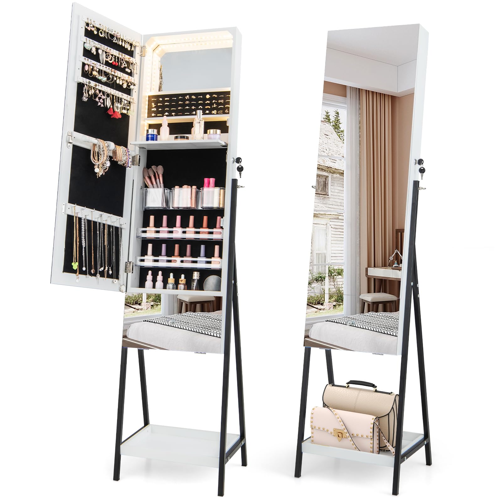 COSTWAY Armadietto Portagioie da Terra, Specchio Portagioie con Specchio Senza Cornice, Luci LED a 3 Colori, con Cassetto e Ripiano, 41 x 35 x 166 cm (Bianco)