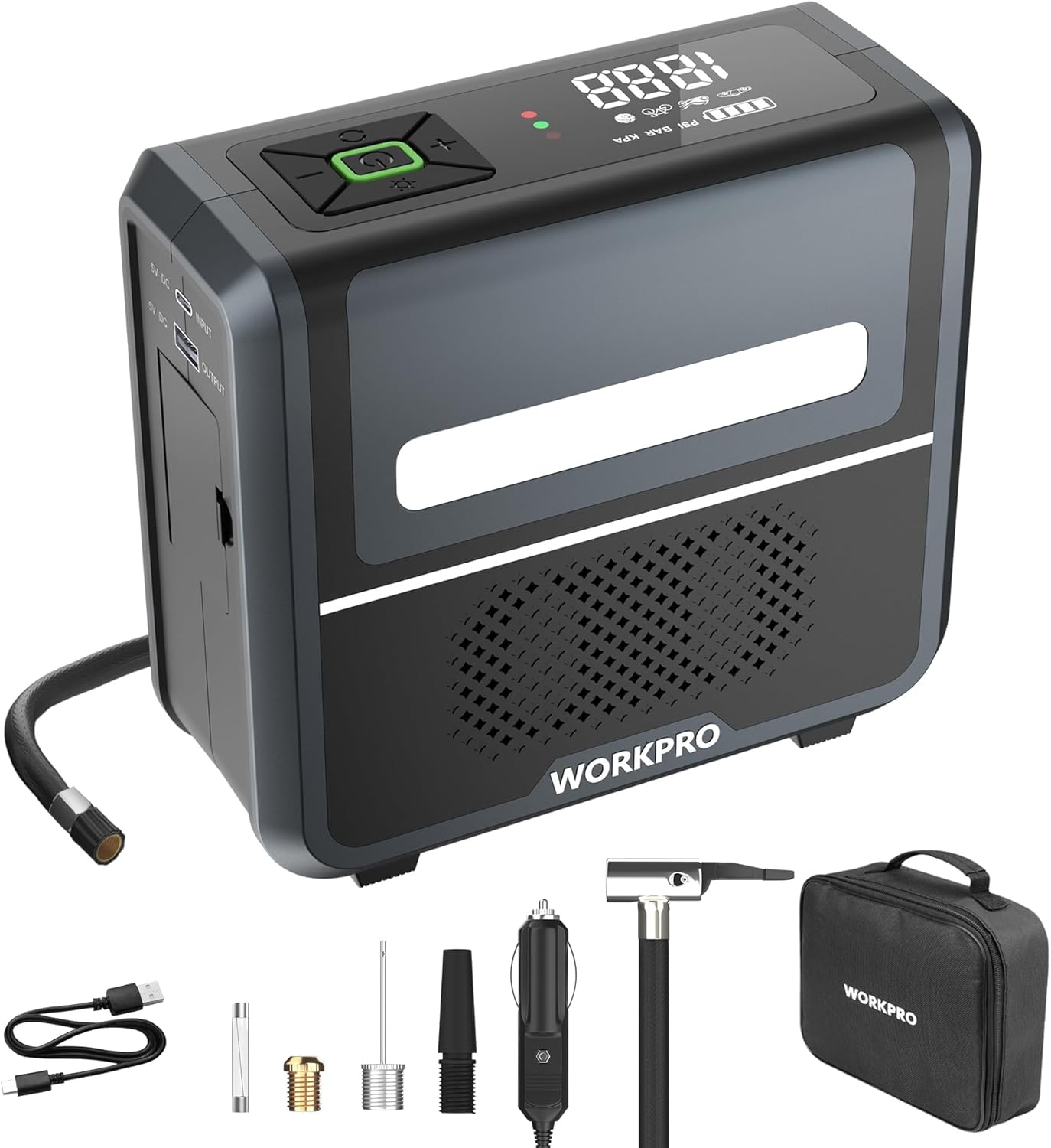 WORKPRO Inflador de neumáticos, compresor de aire portátil, bomba de aire portátil de 12 V para neumáticos de automóvil con batería de 7500 mAh,