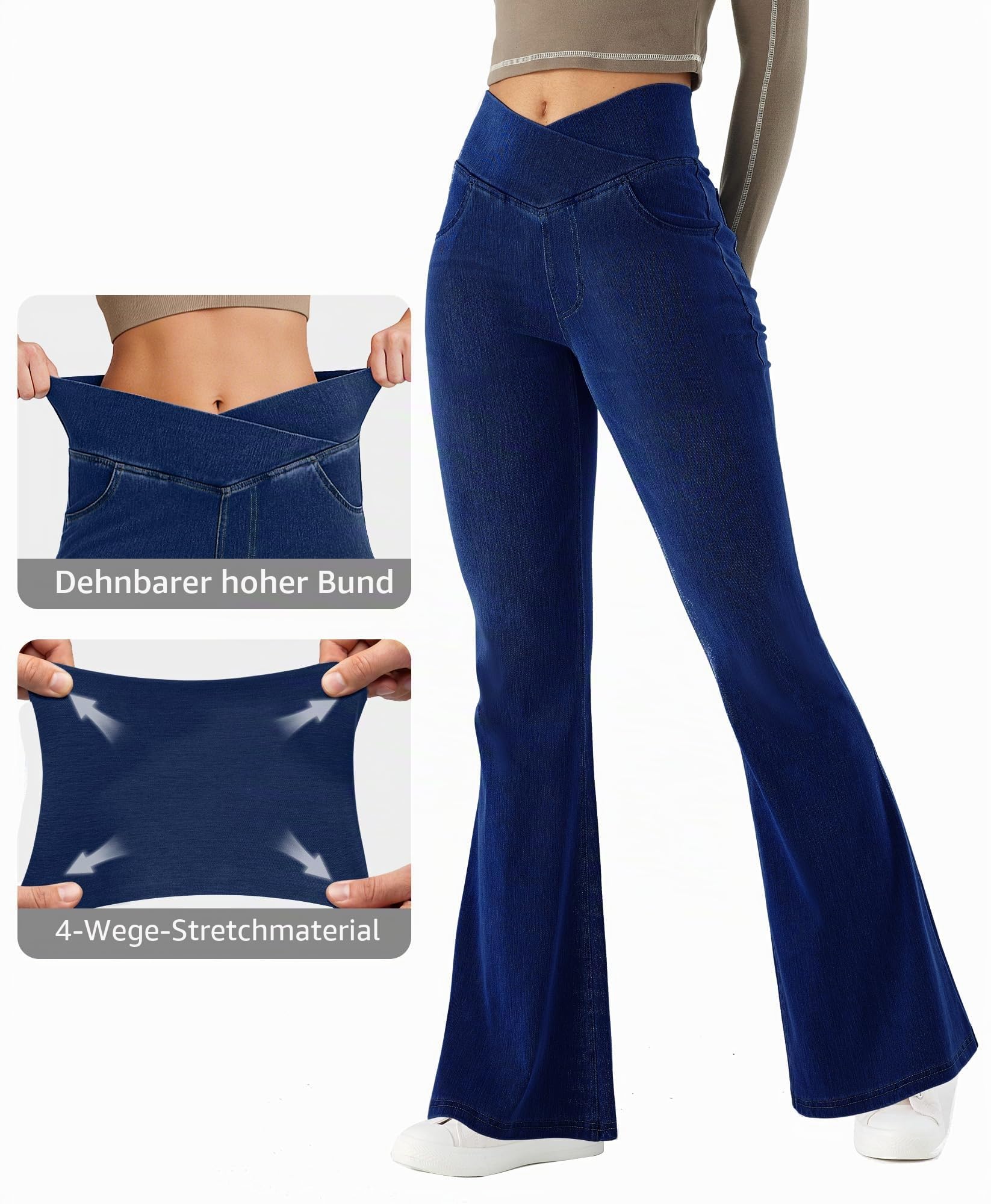 LaiEr Damen V Crossover Hohe Taille Bauchkontrolle Casual Fitness Skinny Yoga Hosen, Faux Denim Print Frauen Bootcut Yoga Hosen, ausgestellte Fitness Hosen mit Seitentaschen