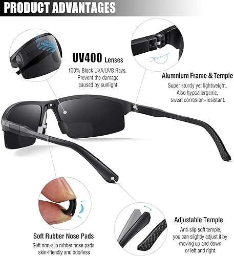 Miniatura 10 de SKYOAK Lentes de sol de lectura bifocales ligeros de alta calidad, TR90, diseño envolvente, bloqueador de luz azul, protección UV 400, lector solar
