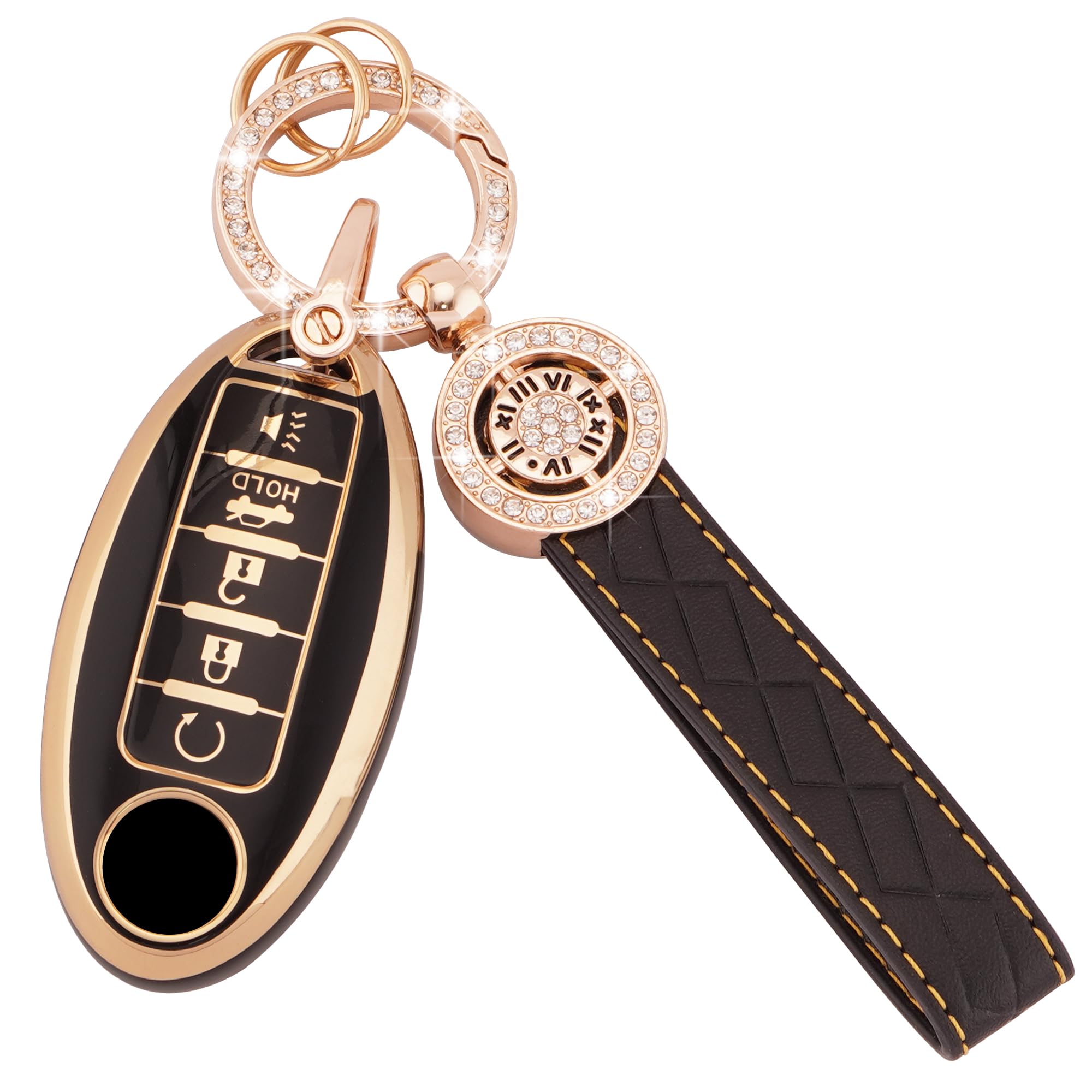 EKALA for Nissan Key Fob Cover 5 Buttons Soft TPU Full Covers Protection Key Case Shell with Leather Keychains Black Gold Fit for Nissan Altima Rogue