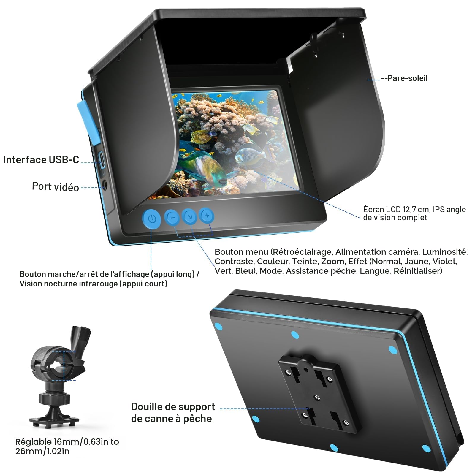 Fishfinder Caméra sous-Marine pour la pêche, Vision Nocturne Infrarouge, Grand Angle, hôte IP65 étanche, avec écran IPS de 5 Pouces pour Glace, rivière et Bateau