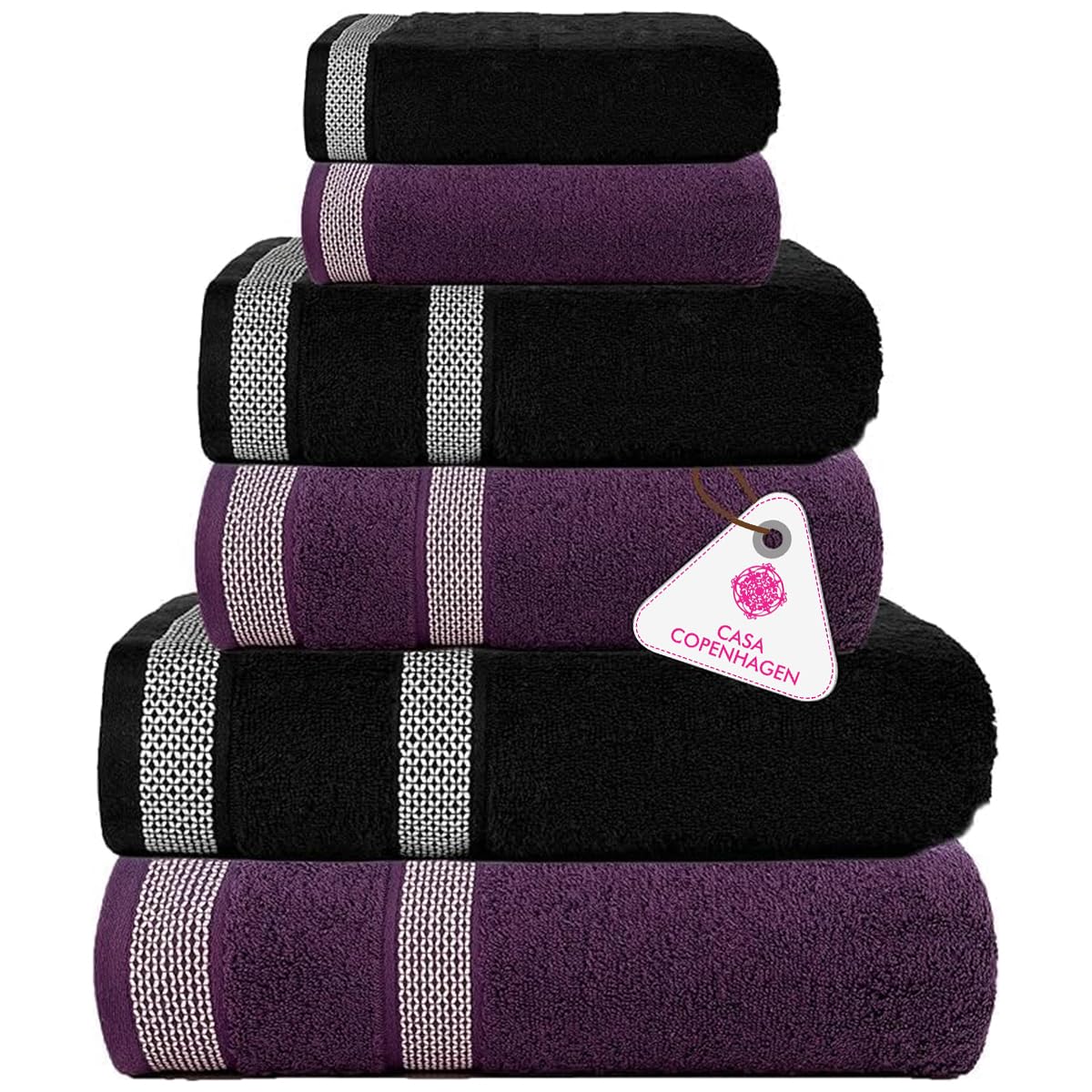 Casa Copenhagen Solitaire Ensemble de Serviettes 6 pcs, Noir-Violet Foncé, 600 g/m², 2 Bain, 2 à Main, 2 Gants de Toilette, fabriqué en Doux Coton égyptien pour Salle de Bain, Cuisine et Douche