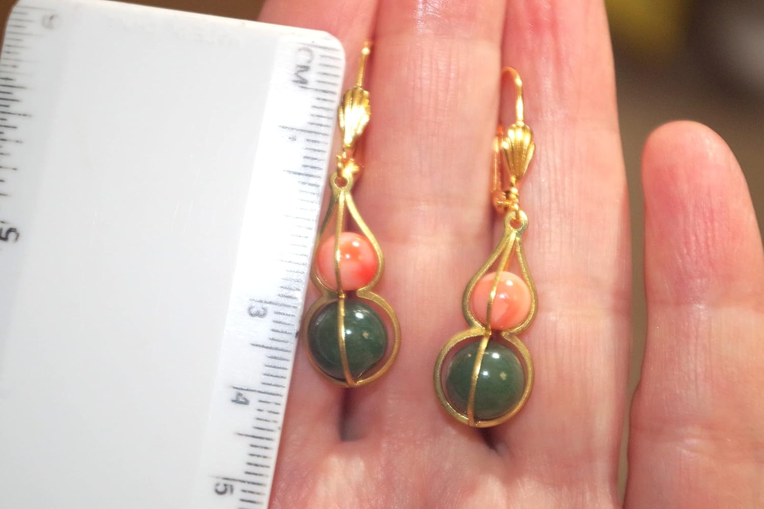 Elongated Caged Apple Green jadeite Jade W Angel Skin Coral leverback Earrings 35th Wedding Anniversary Earrings