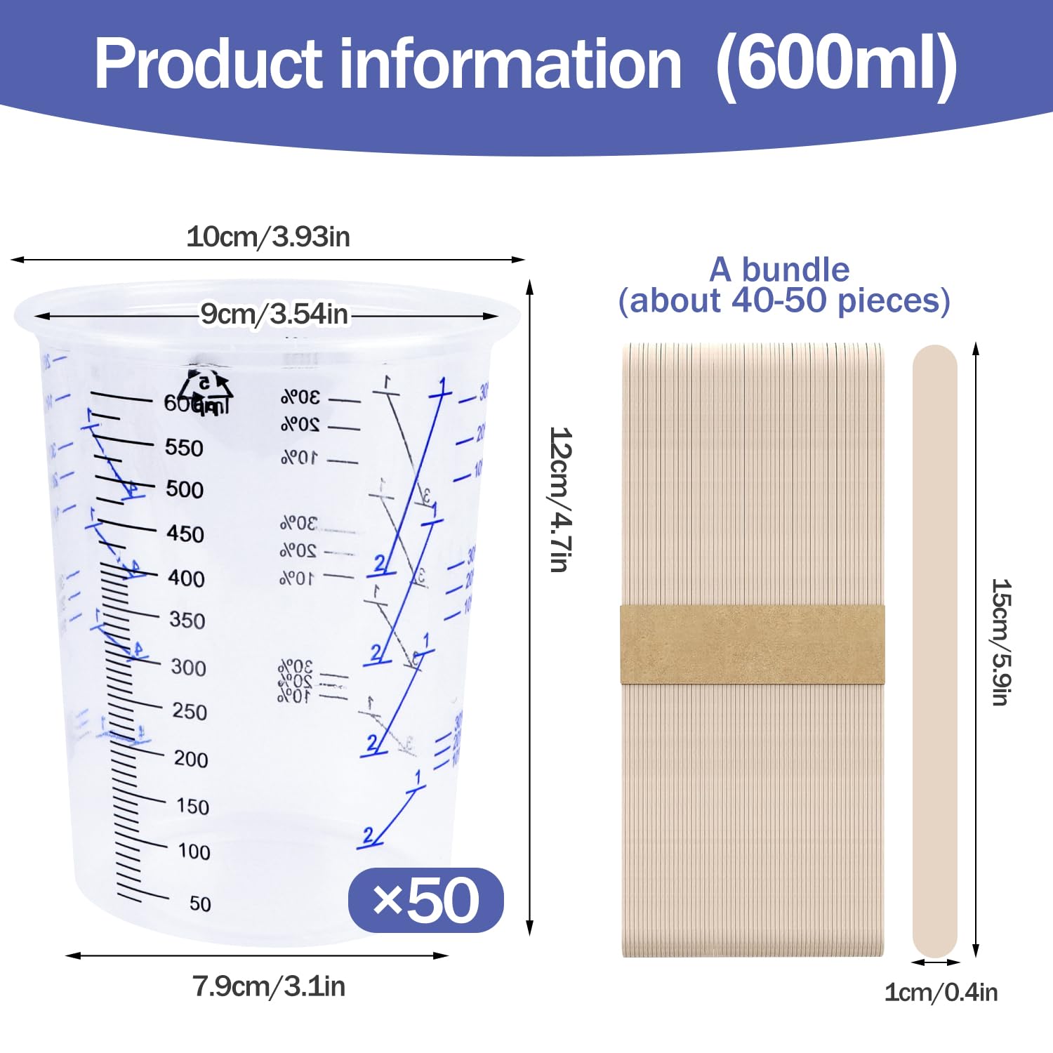 Bicchiere di Miscelazione per Vernici 50 Pezzi 600ml Tazza di Misurazione Misurini in Plastica con Bastoncini di Legno per Miscelazione Liquidi Vernice Pigmenti (600ml-50pcs)