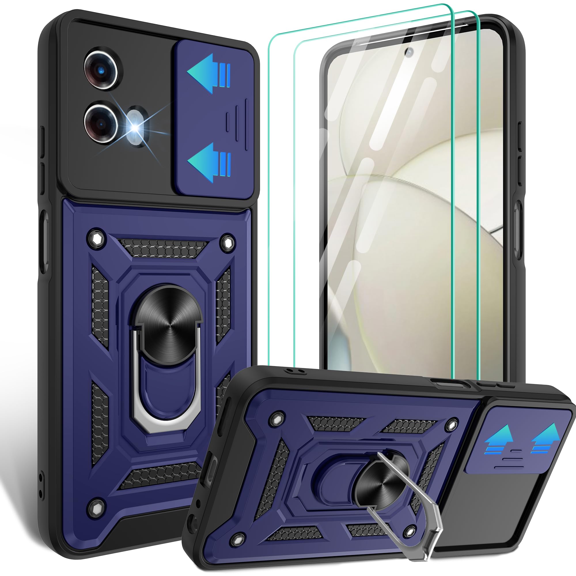 for Motorola G Power 5G 2024 Case with Screen Protector*2 with Slide Camera Cover, 360°Rotation Ring Kickstand [Military Grade],Blue