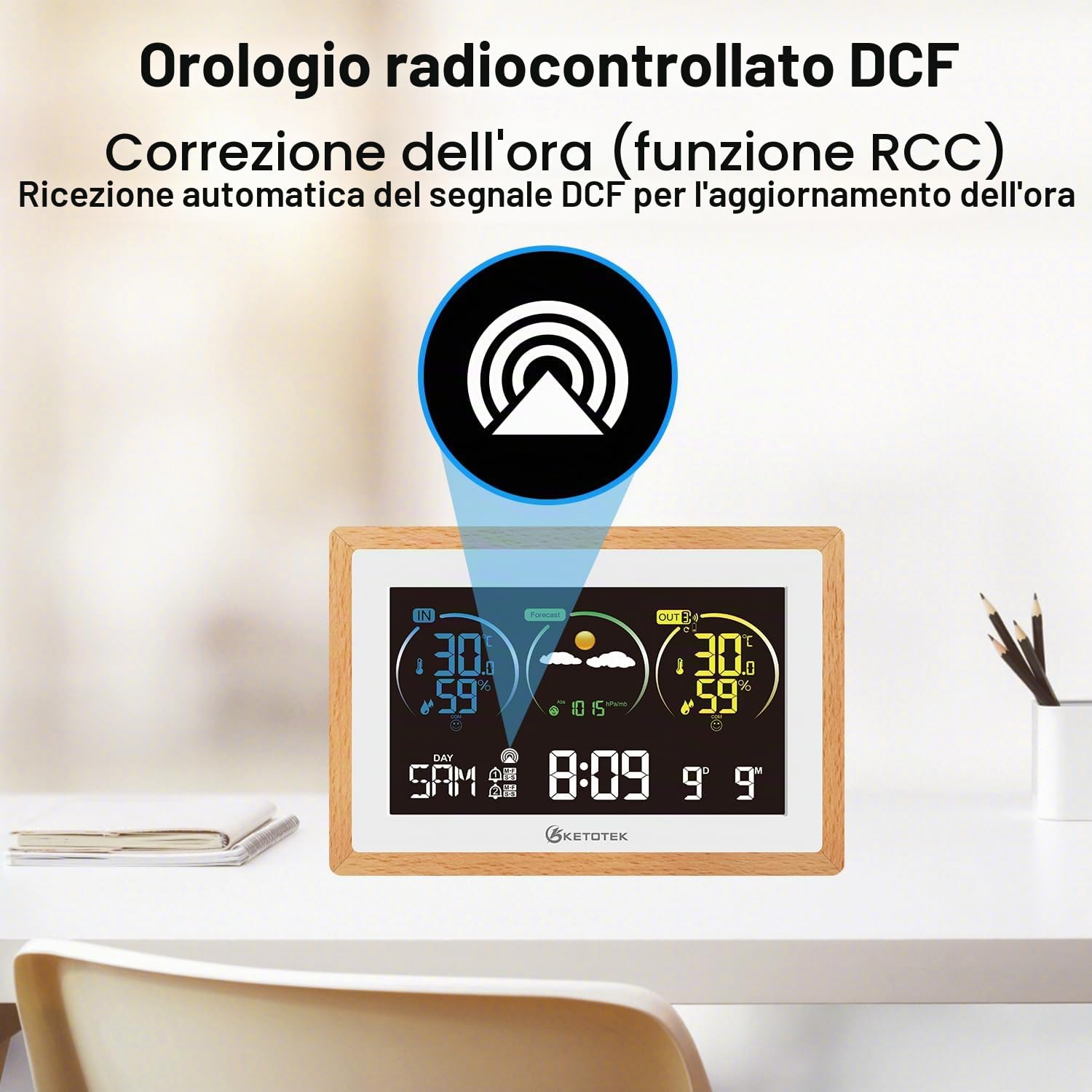 KETOTEK Stazione Meteo con Sensore Esterno Termometro Igrometro Interna Esterna Stazione Meteorologica Wireless con Previsioni Meteo, Barometro, Orologio Radiofonico DCF, Retroilluminazione Regolabile