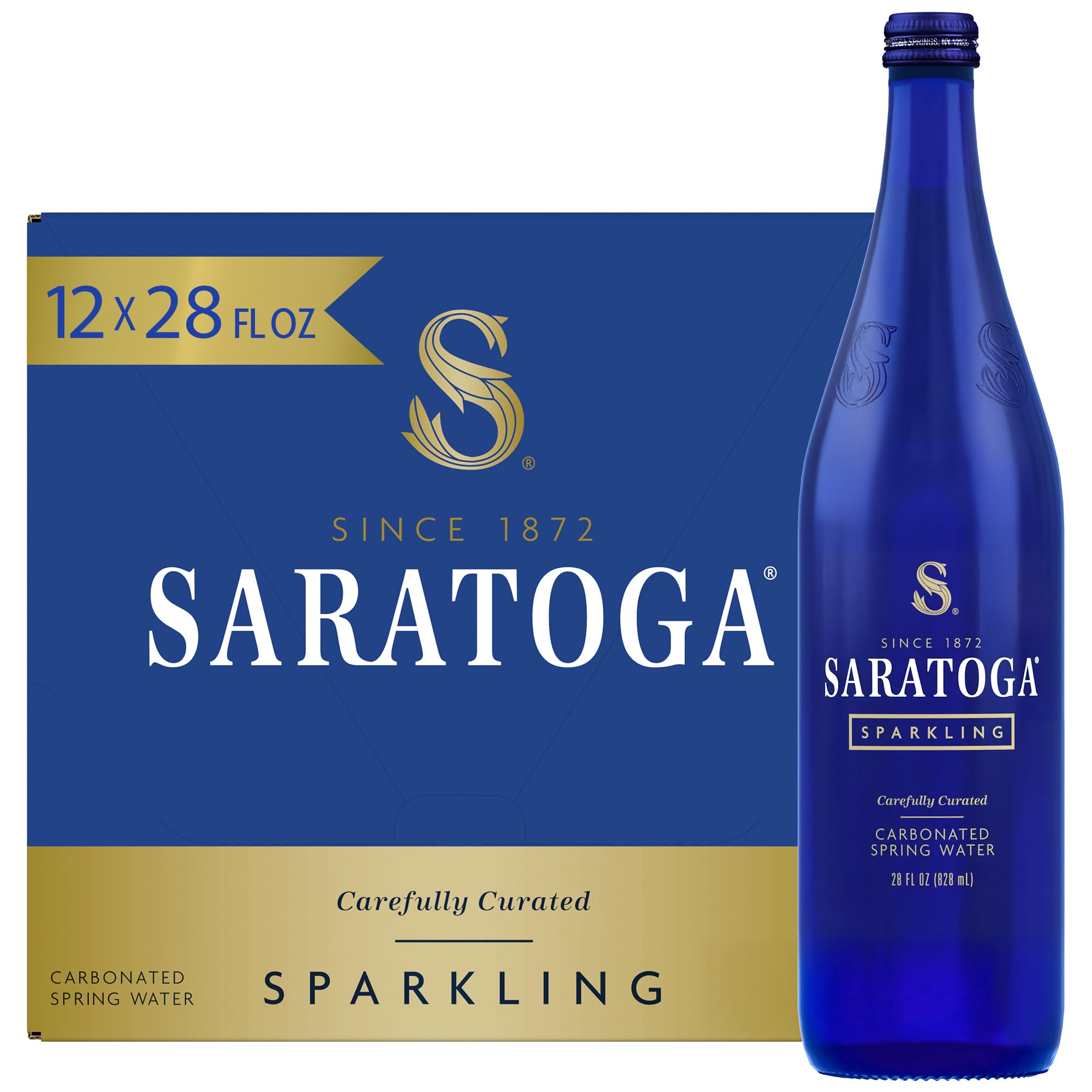 Saratoga Sparkling Water Bottles, 12-Pack - Carbonated Spring Bottled Water - Glass Bottles - 28 Fl Oz