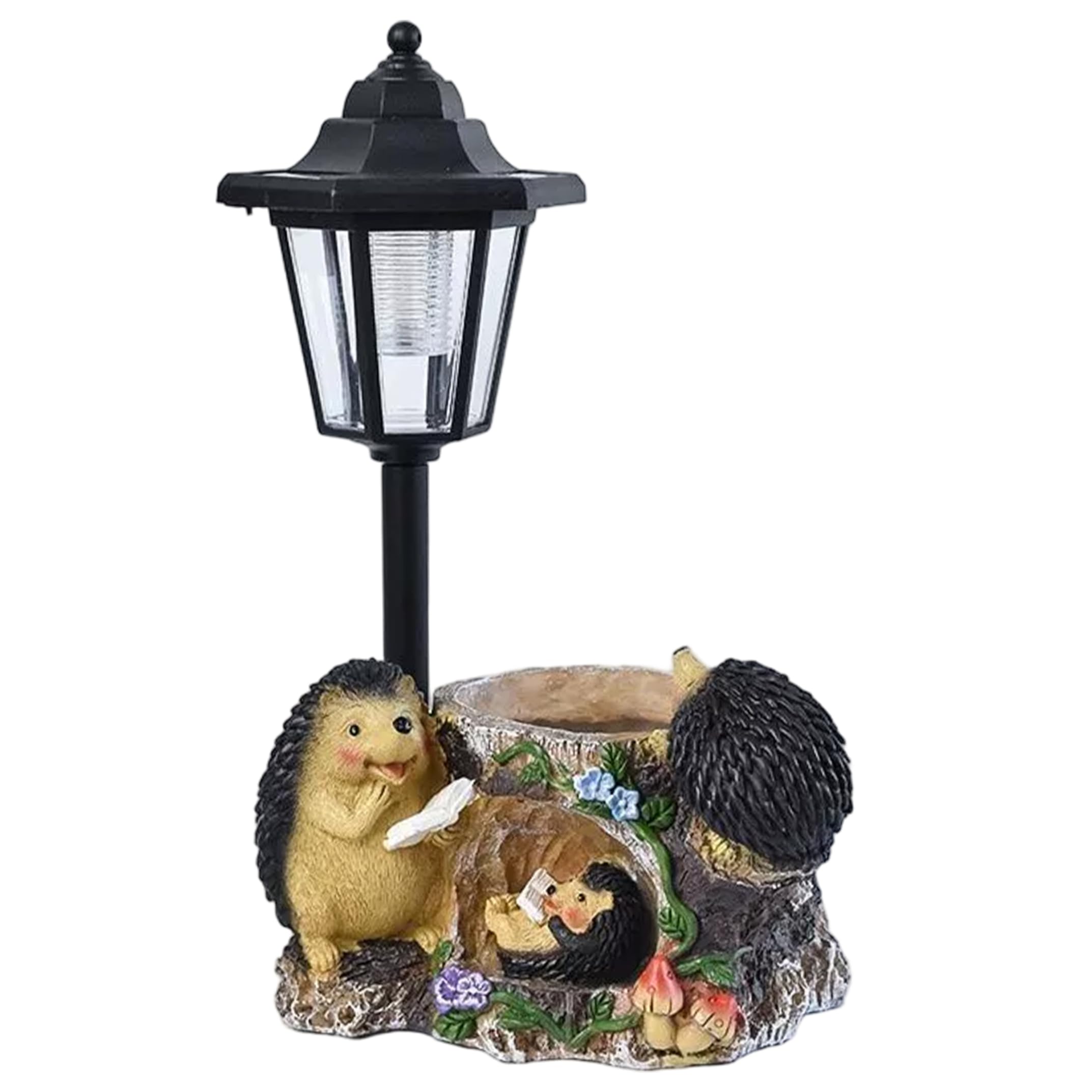 Ameble 13x9x6 Inch Waterproof Resin Solar Hedgehog Garden Statue Planter, Outdoor Figurine Light Solar Yard Decor for Patio Lawn Pathway