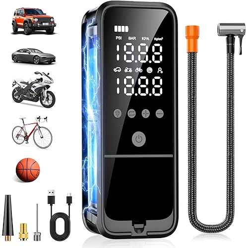 Tire Inflator Portable Air Compressor, 160 PSI Air Pump for Car Tires with Digital Pressure Gauge, Bike Tire Pump with LED Light Portable Tire Inflator for Car, Bike, Motorcycle, Ball