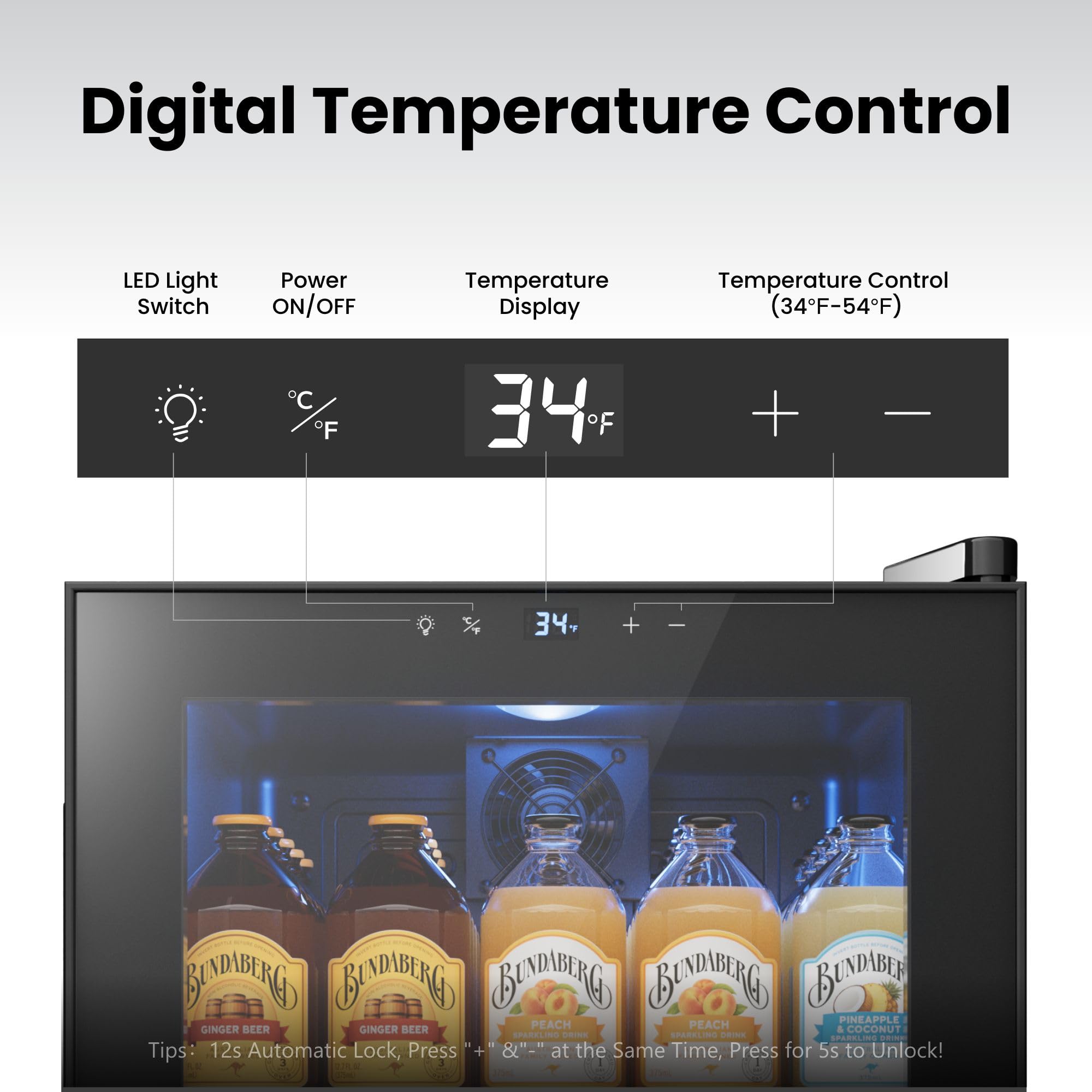 YEEGO Beverage Refrigerator, 65 Can Mini Fridge With Glass Door, Digital Temperature Control 34°F-54°F, Countertop Drink Cooler For Soda, Beer And Wine, Black on Fridge.com - View 3