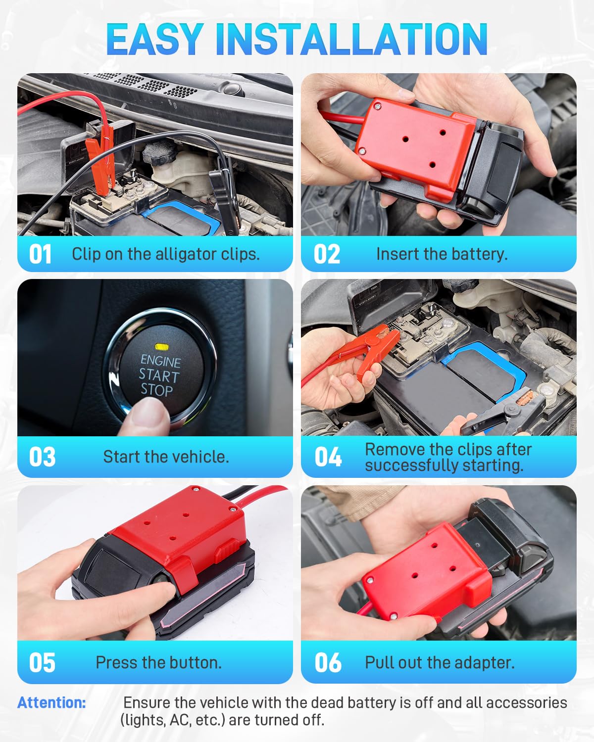 Starthilfekabel-Adapter mit Krokodilklemmen, kompatibel mit Milwaukee M18 18 V Batterie, 60 cm, 8 AWG, Silikondraht, Starthilfekabel, Elektrowerkzeugleitung für Starthilfe, Auto, SUV