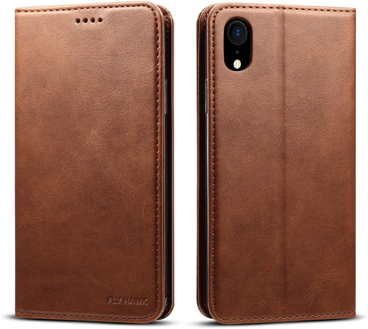 FLY HAWK Wallet Case Compatible iPhone XR/iPhone 10R, Wallet Case Premium PU Leather Flip Cover Folio Case [Kickstand Feature] with ID & Credit Card Pockets for 2018 iPhone 10R/ XR 6.1 inch Brown