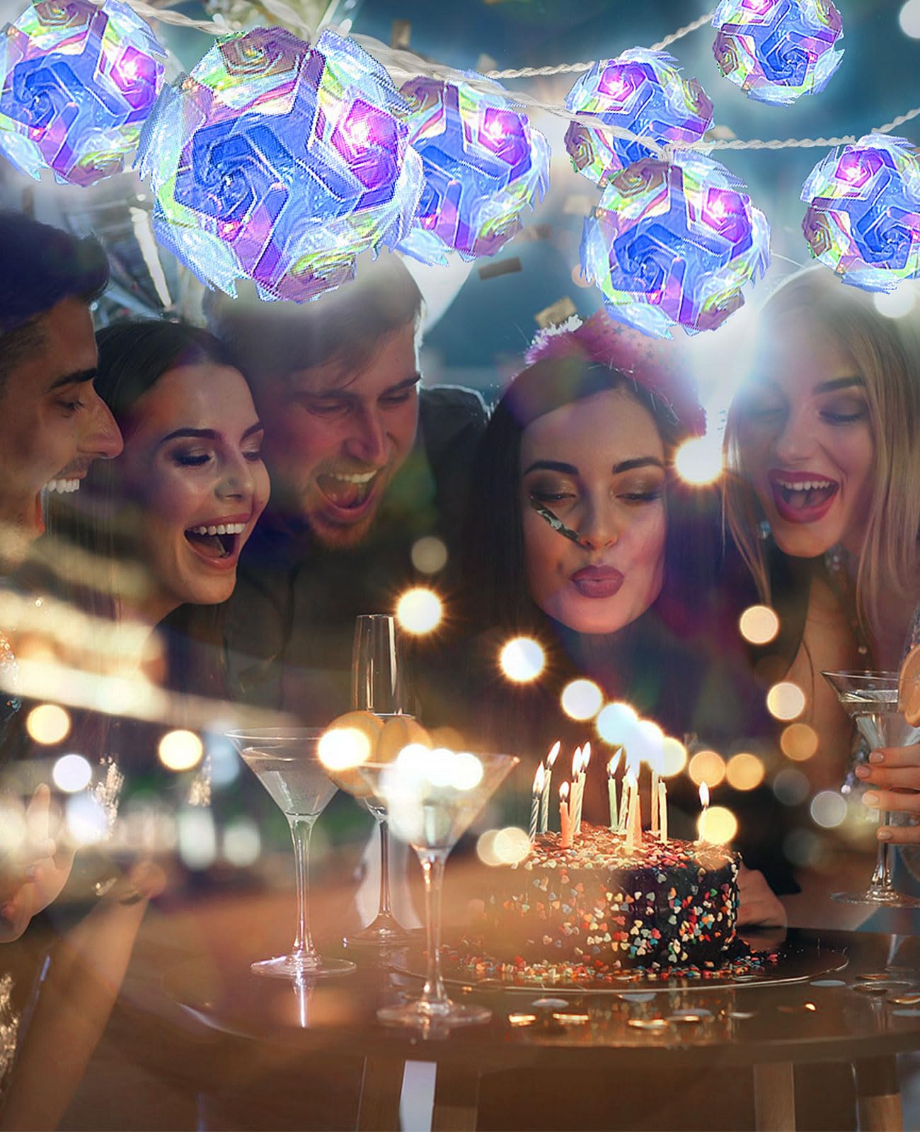 AceList Guirnalda de 50 luces LED holográficas iridiscentes de 16.4 pies, encantadoras luces de bola de discoteca, luces de hadas alimentadas por USB y pilas, decoraciones de fiesta iridiscentes para
