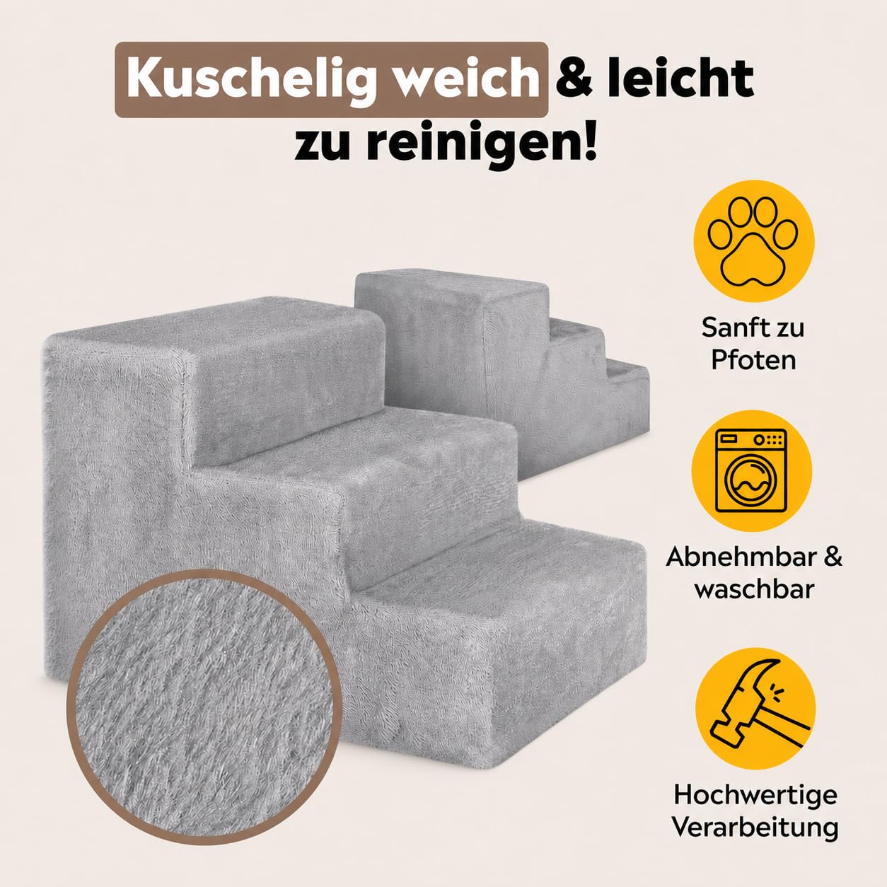 lionto Haustiertreppe mit Plüschbezug, 46x36x34 cm, robuste Hundetreppe mit niedriger Stufenhöhe von 10cm, gelenkschonend, Bezug abnehmbar & waschbar, Treppe ist bis 50 kg belastbar, hellgrau