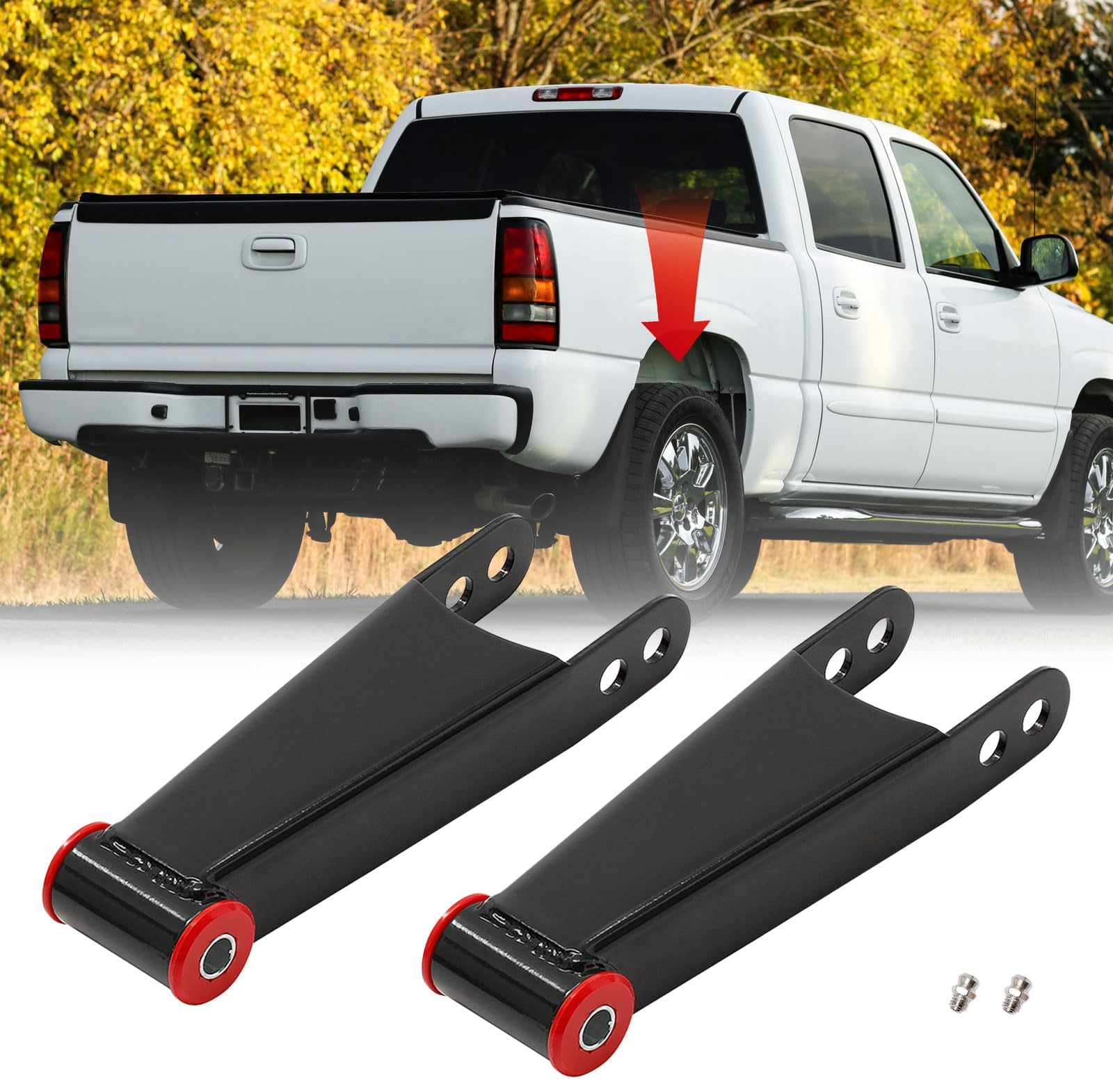 2-3" Rear Lowering Leaf Spring Shackle Kit 2Pcs Replacement for 2001-2010 chevy Silverado GMC sierra 1500HD 2500HD 3500HD trucks 2WD 4WD Replace# 410730