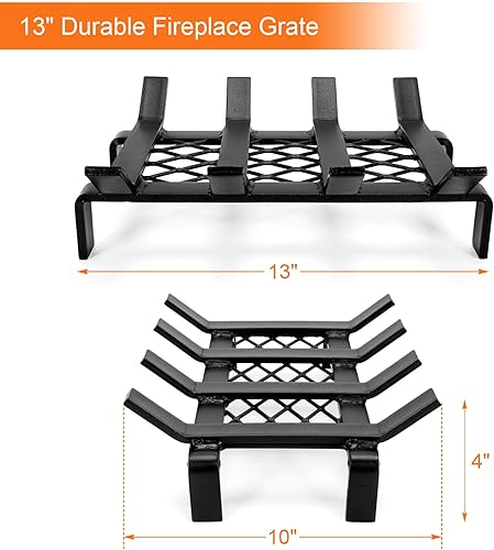 Miniatura 6 de Rejilla de chimenea de 13 pulgadas con retenedor de brasa, estante de rejilla de estufa de leña, soporte de leña de acero sólido resistente, rejilla