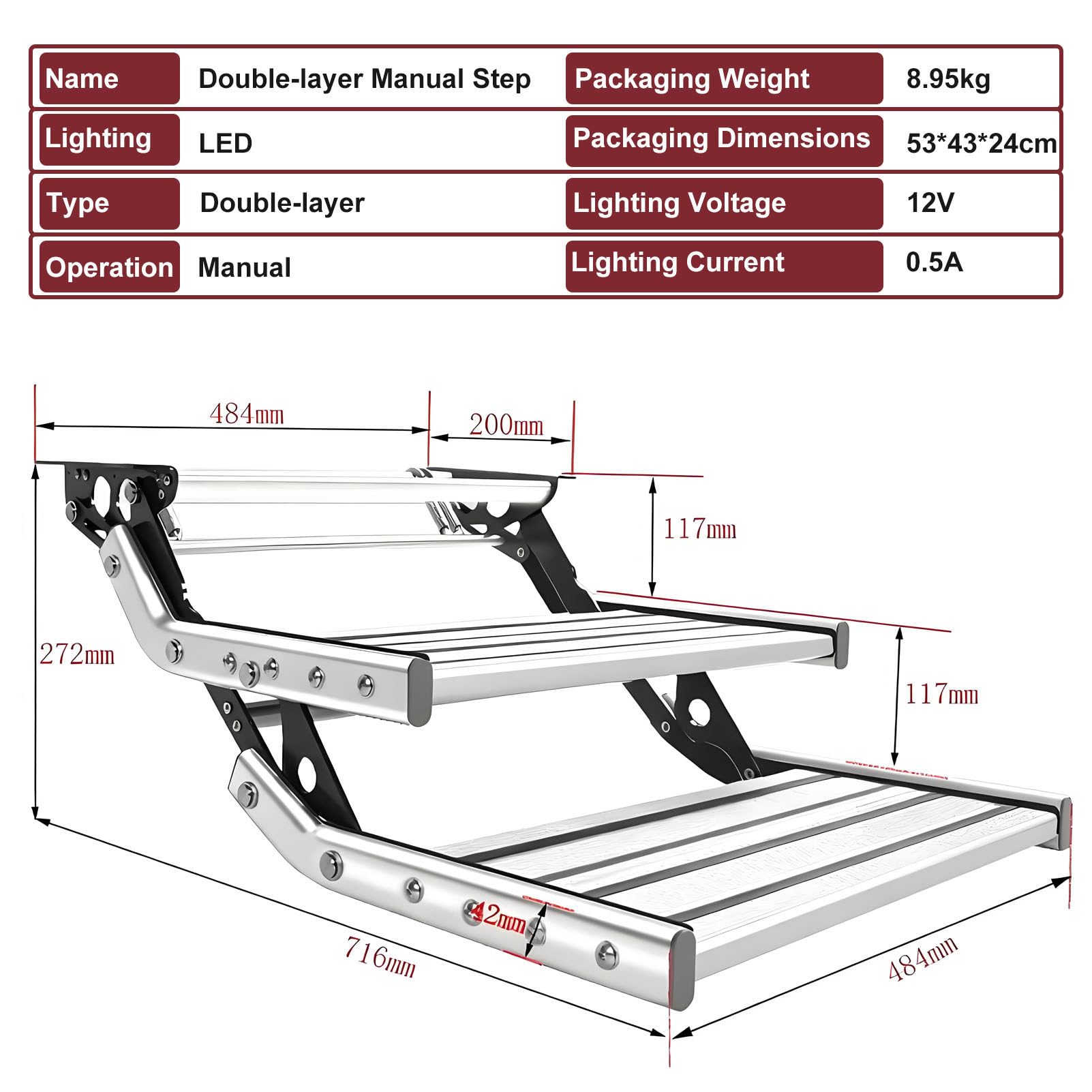 Escaleras retráctiles eléctricas para Autocaravana, de Aluminio, Plegables, manuales, con diseño Antideslizante, para Autocaravana, Caravana o Furgoneta Camper. Manual-Double-Layer
