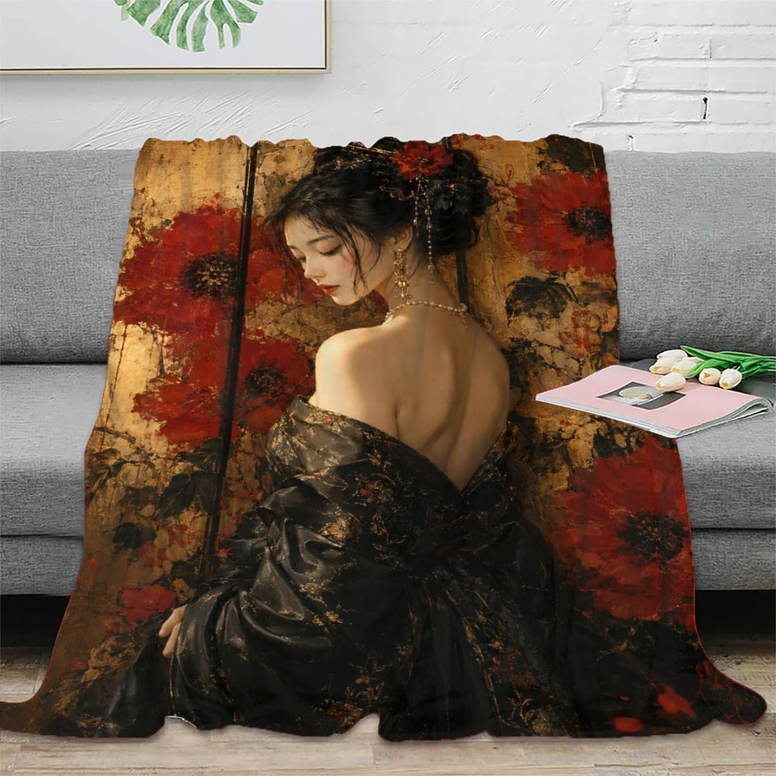 H3B8U2Y5 Red Poppy Woman Gold Blanket, Flannel, Nap, Garden Flower Painting
