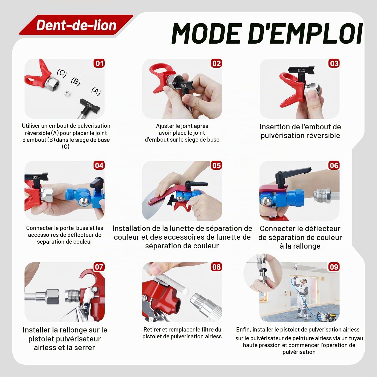Kit de Peinture airless, 22 pièces, avec 6 Buses réversibles, 6 filtres, 4 Tige d'extension, Tuyau Haute Pression et Accessoires de Protection (211 313 415 515 517 623