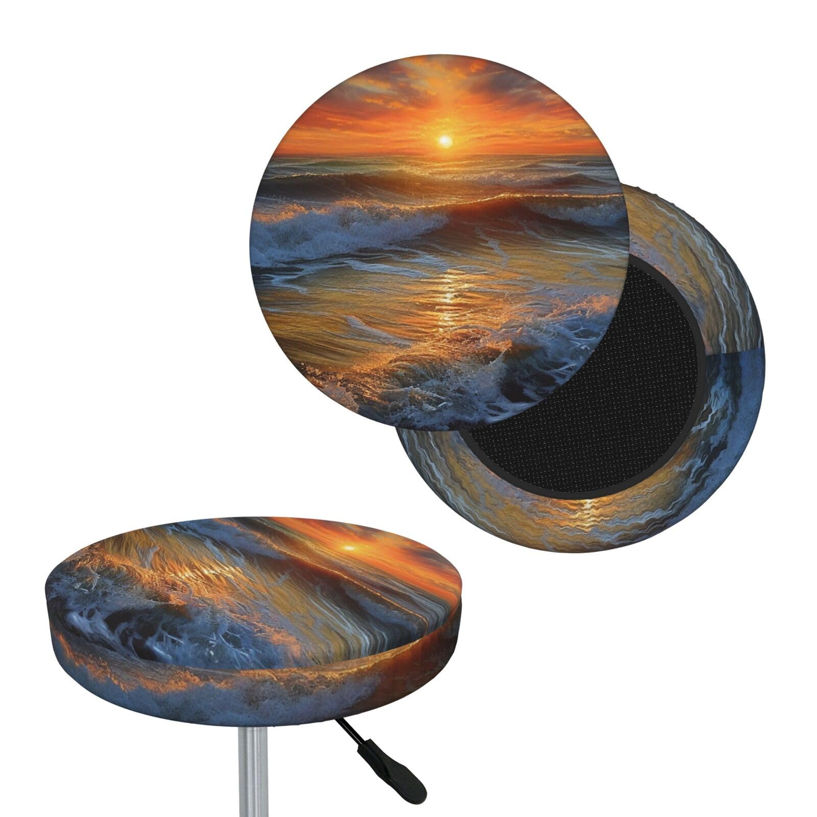 FodPand Sunset Seascape Bar Stool Cover Round Elastic Stool Cushion Covers Washable Bar Stool Chair Slipcover Stretch Stool Seat Covers for 12-14 Inch Chair