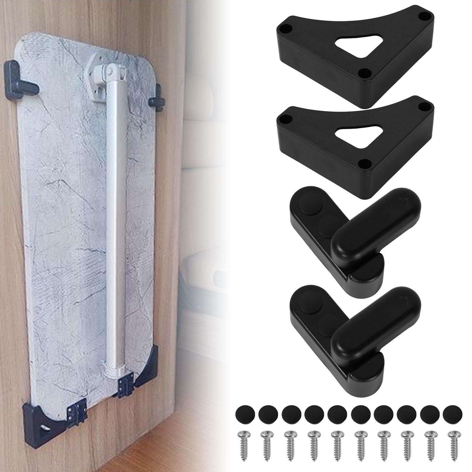 Vurixfo Caravan Table Bracket Storage Kit, Plastic Security Retaining Mounting Kit Black Table Safety Fixing Kit with Screws for Caravan RV Camper Storage Table Accessories, Up to 18mm Thickness