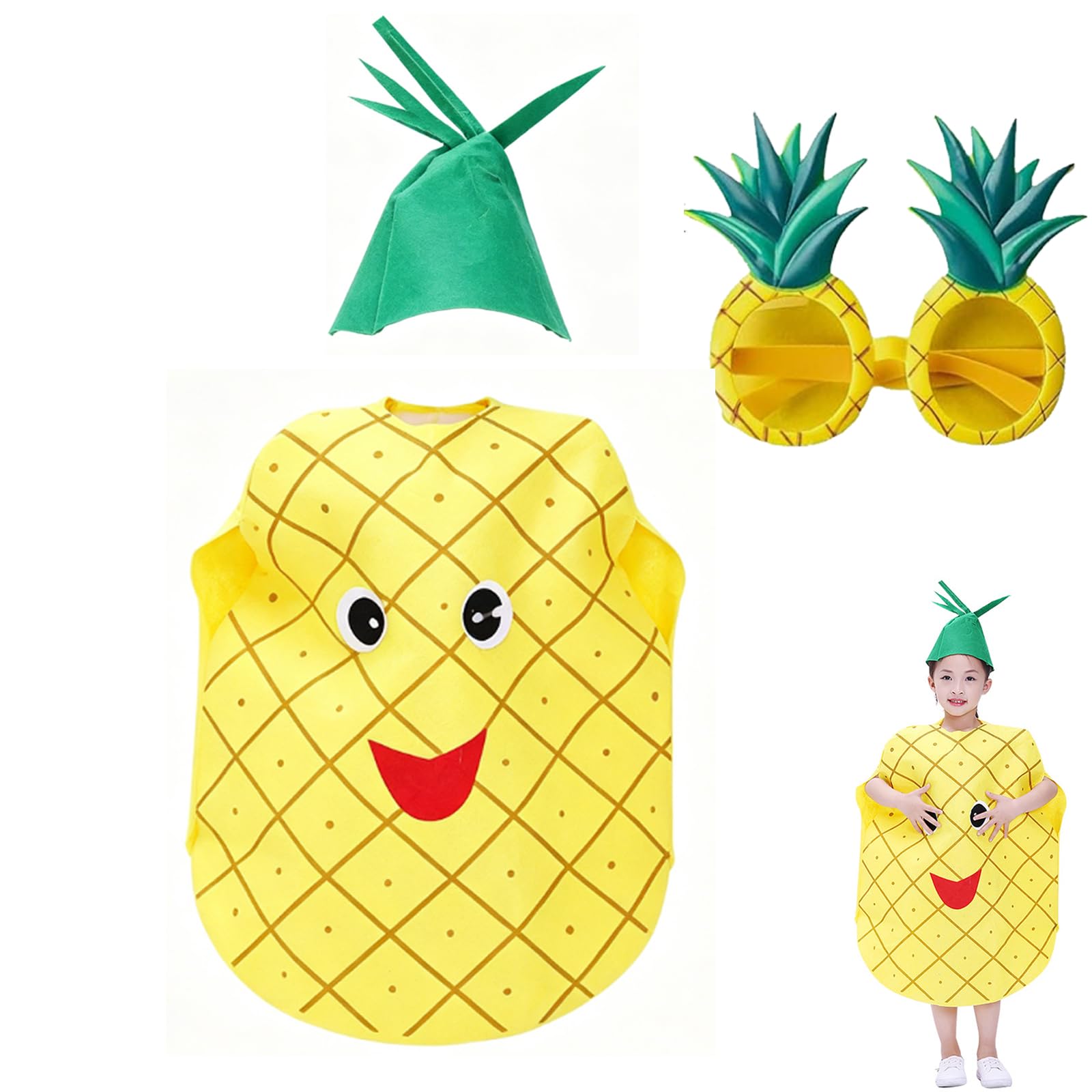 3 Pcs Fruit Costume for Kids, Pineapple Fancy Dress with Hat and Glasses