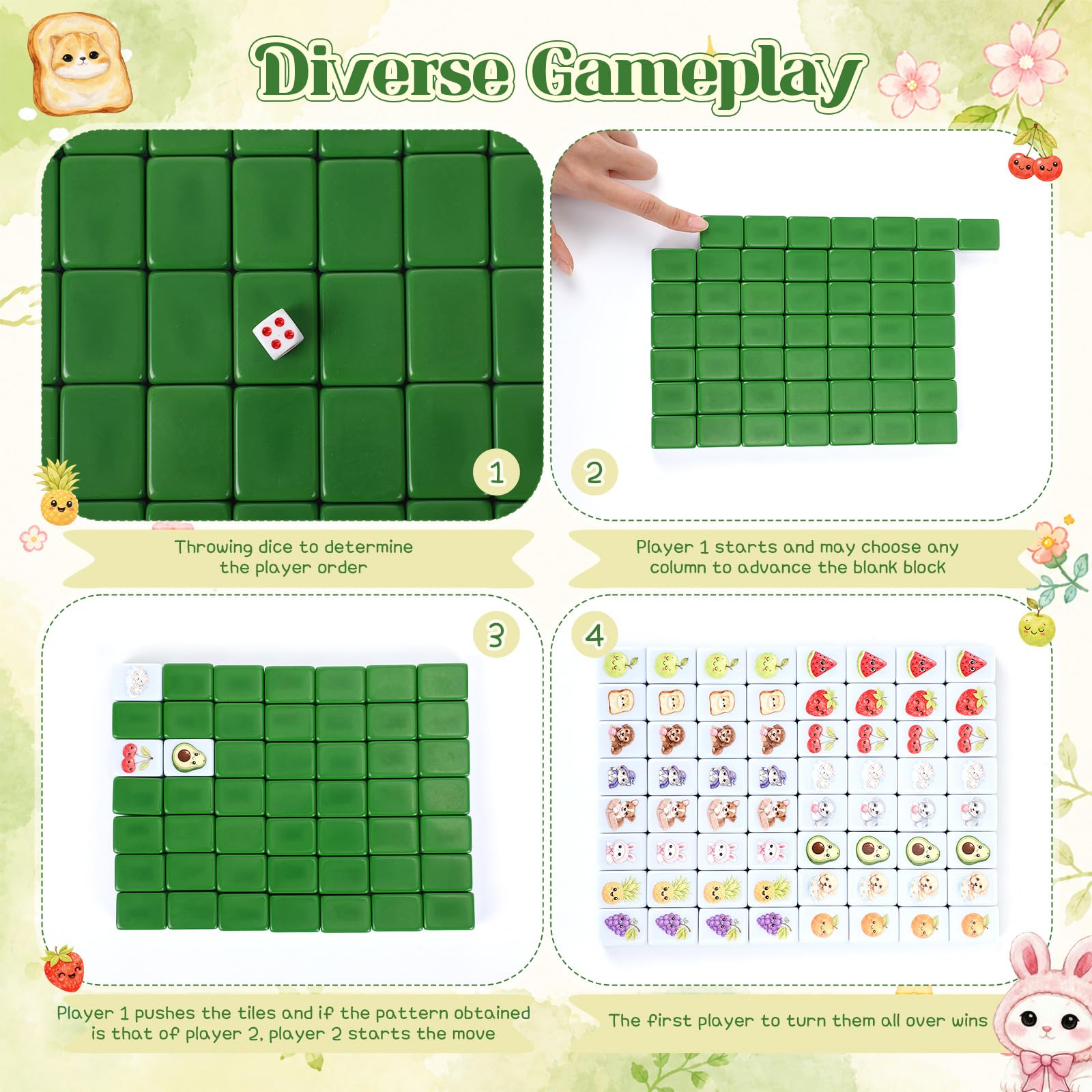 Leitee Set di 64 blocchi Mahjong per 2 giocatori, 3 cm, motivo cibo animale