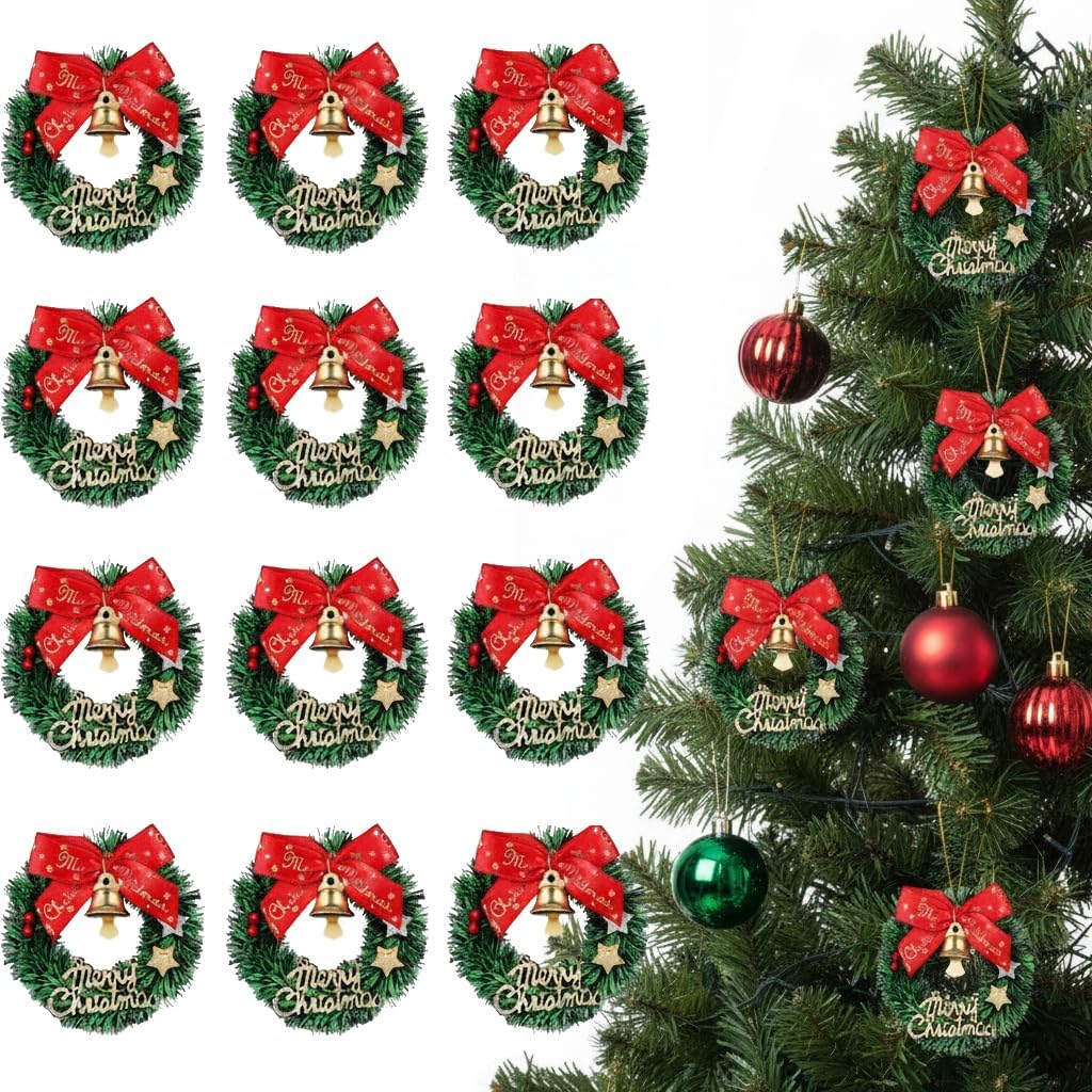DOITOOL 12 Pcs Mini Christmas Wreaths with Bows and Bells Decorative Hanging Ornaments for Christmas Tree Holiday Decor Home Gifts