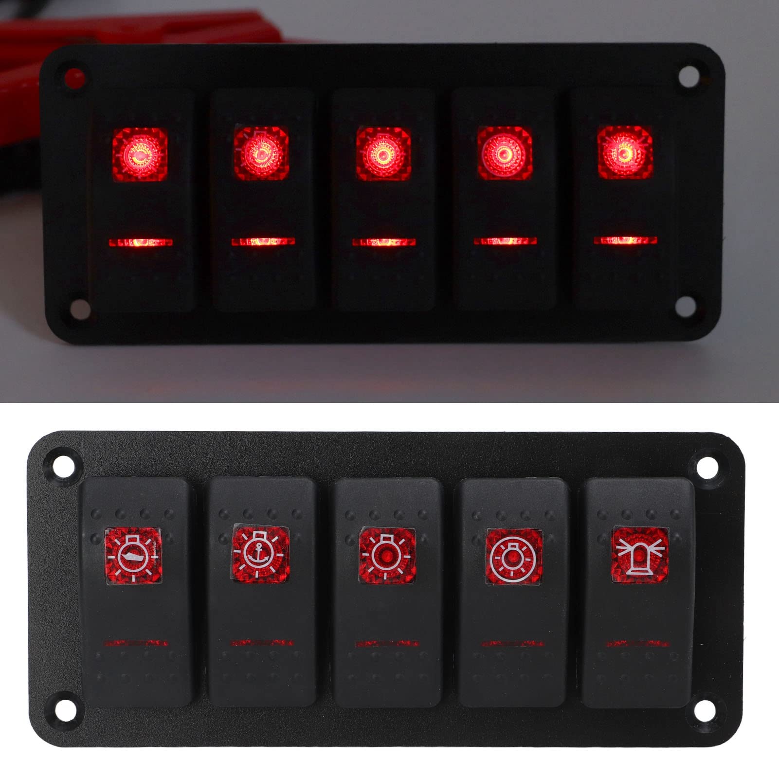 Tissting Pannello Interruttori 5 Gang 12V/24V 20A/10A Impermeabile Pulsantiera Barca con Etichette, LED Luce Rossa Retroilluminata Interruttori a Levetta per Auto Barca Camper