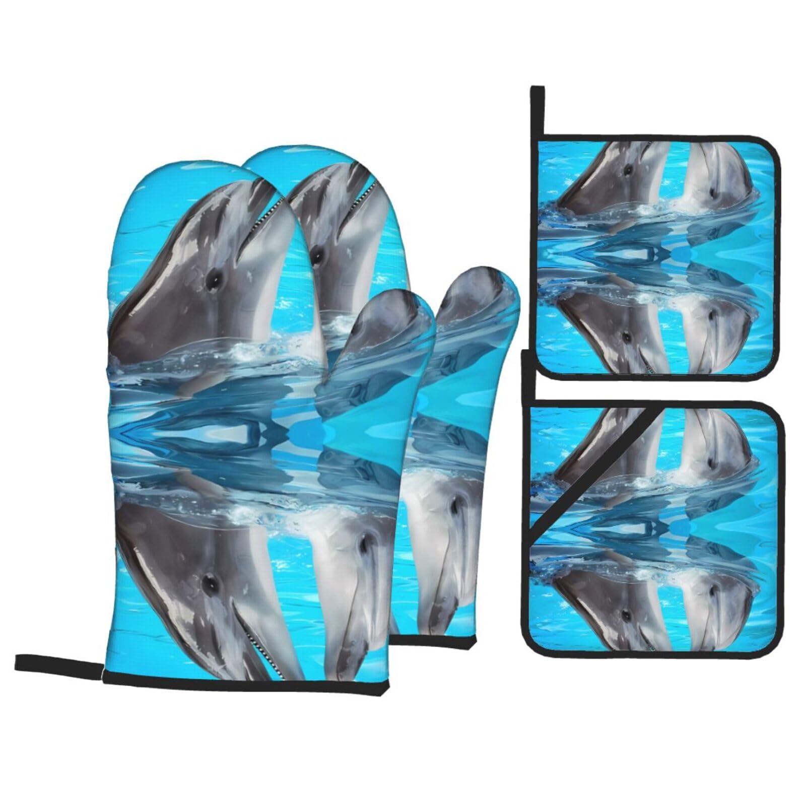 HJFCZH Cool dolphin Prints Kitchen Throw Set: Durable Oven Layers with Waterproof Polyester – 4 Piece Heat Protection System