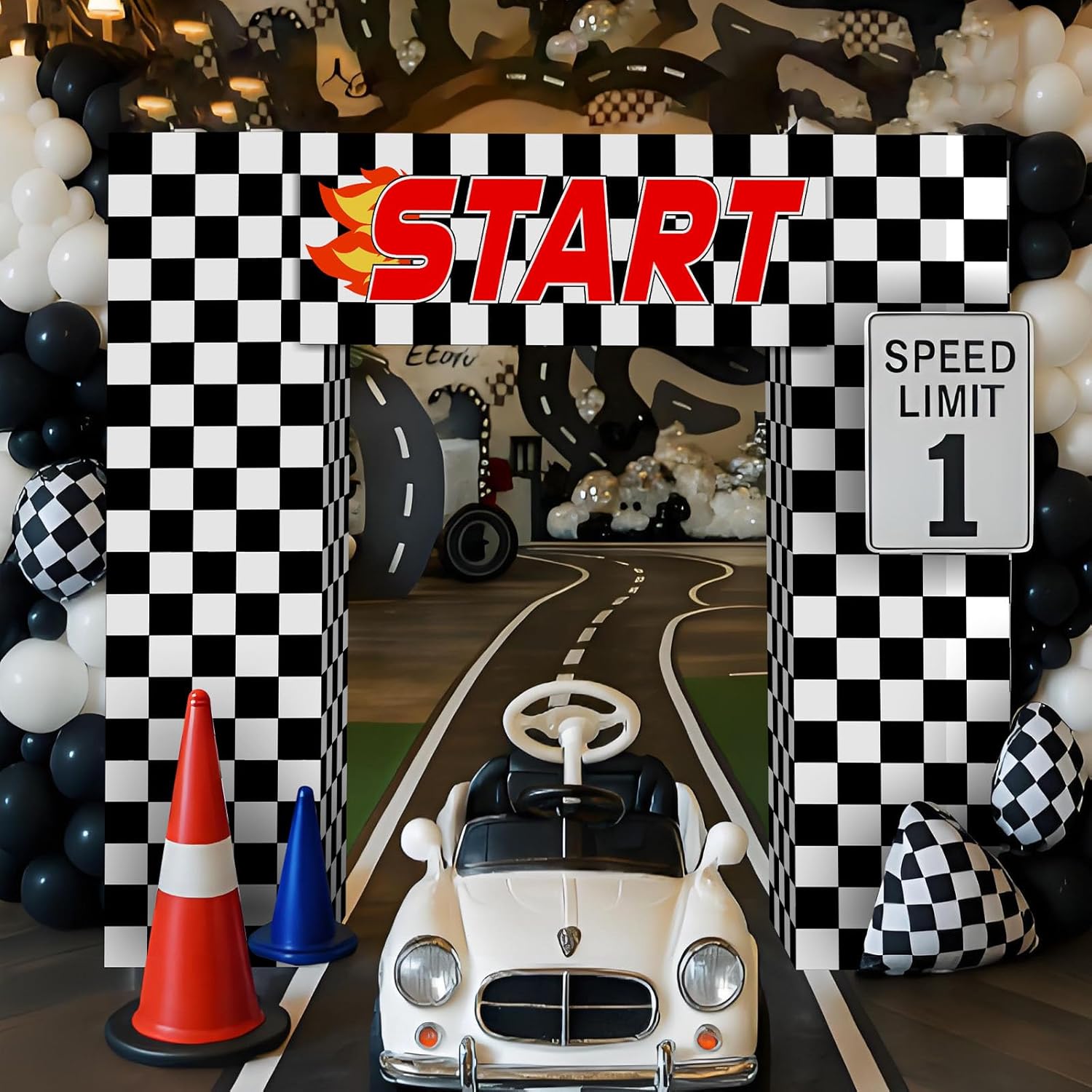 9 Pcs Race Car Birthday Party Decoration Checkered Flag Cardboard Kit Racing Theme 35.4 in Background 11.8 in Boxes Lets Go Racing Banner Photo Booth Prop for Boy Fan Baby Shower Supplies