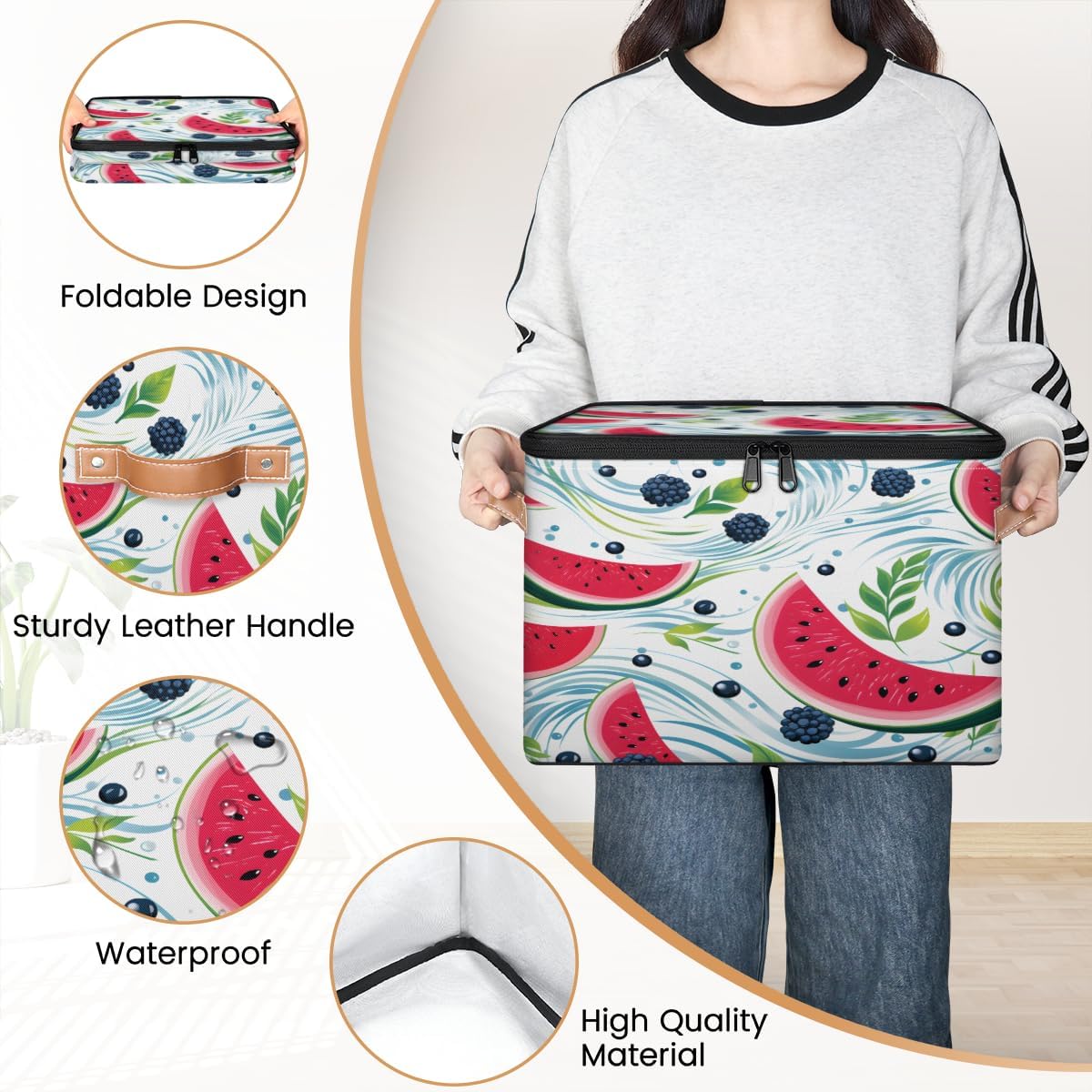 Storage Bin Set of 2 Watermelon Leaves Storage Basket with Zipper Lid & Handle Foldable Closet Shelf 2 Pack Cloth Organizer Basket Cube Bins Clothes Organizer for Bedroom, Nursery
