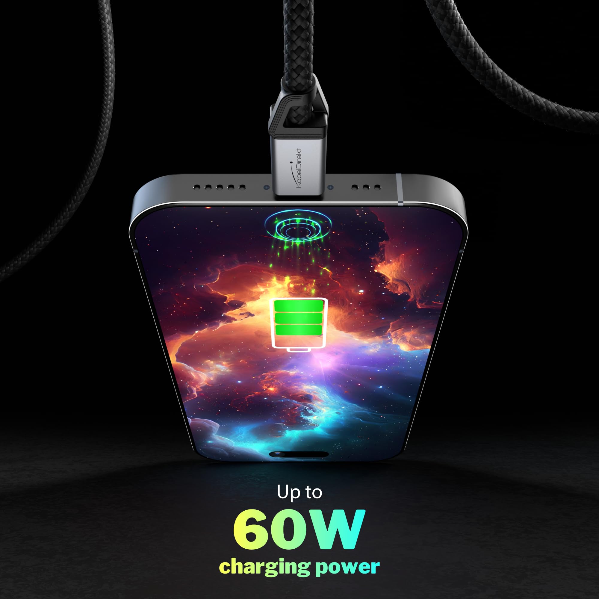 KabelDirekt – Cavo USB-C per Ricarica Veloce, Connettori Metallici + Intrecciato in Nylon, USB 2.0 – 1 m (Ricarica Telefoni/Computer Portatili con 60W, Ideale come Cavo di Carica/Dati, Nero) - Vista 5