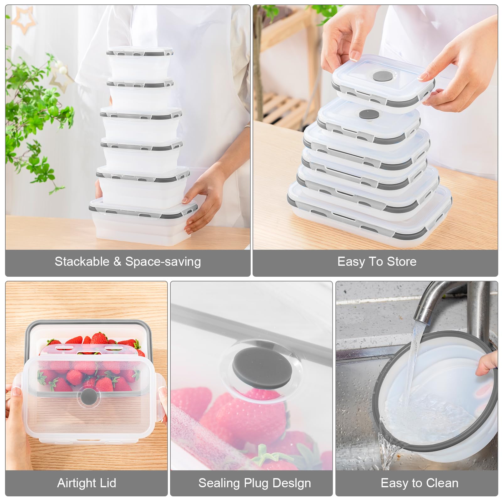 Dandat 12 recipientes plegables de silicona para almacenamiento de alimentos, recipientes plegables de silicona para almuerzo, 6 rectangulares y 6 redondos, herméticos, plegables con tapa, juego para