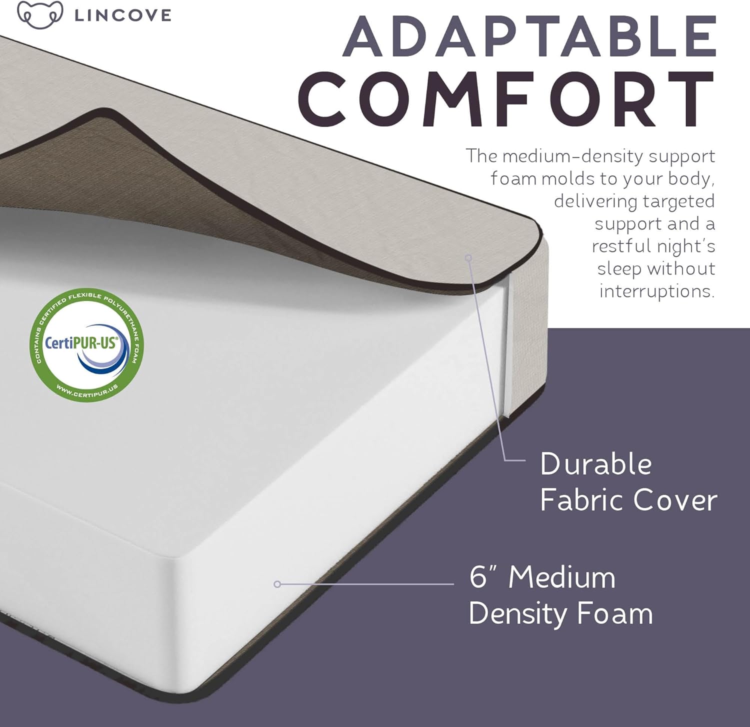 Lincove Premium 6-Inch Thick Foam Mattress with Durable Fabric Cover – Ideal for RV, Cot, Guest Bedroom - Folding Bed & Daybed - CertiPUR-US Certified –Made in USA Size: 36"x74"x6" - Color: Grey