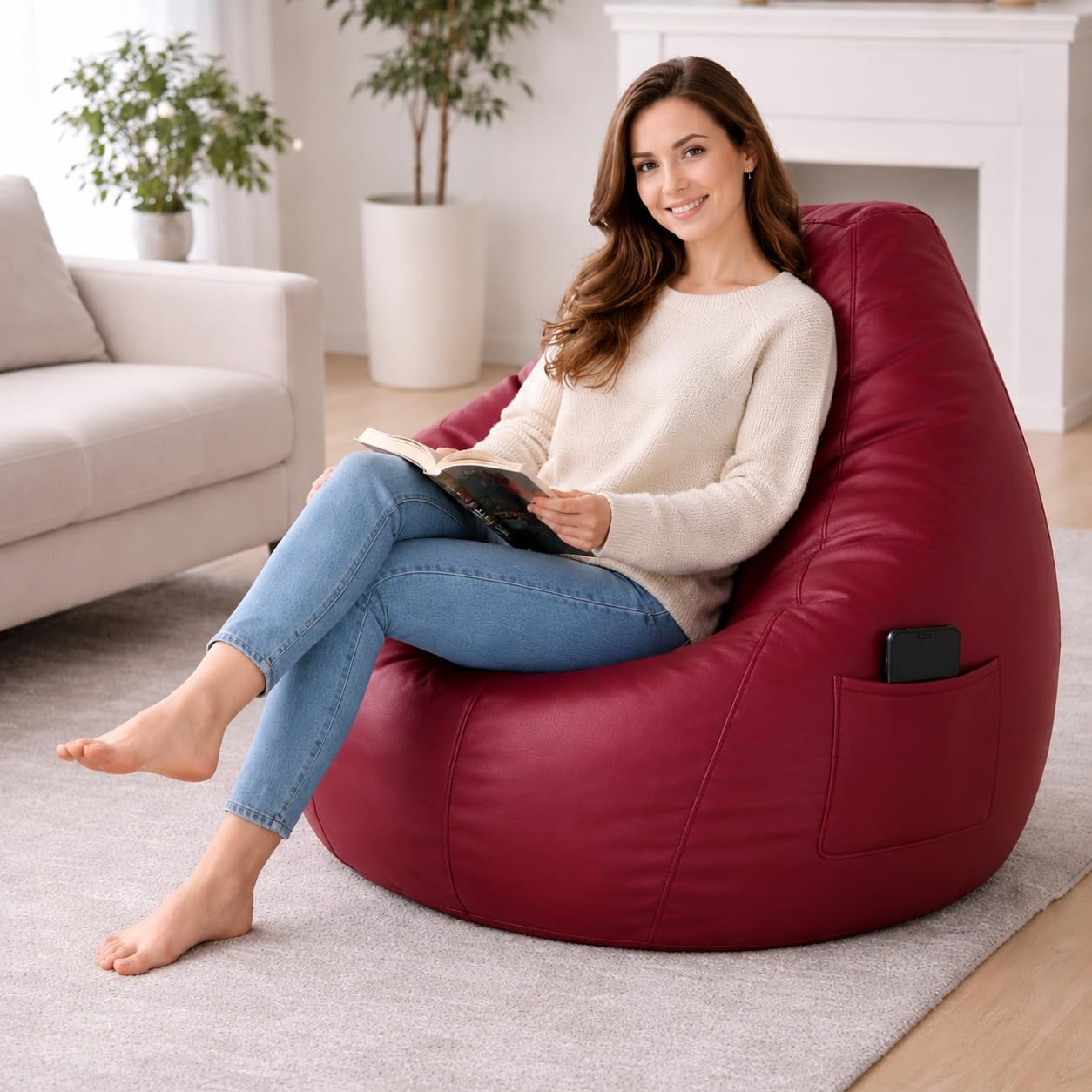 Leatherette Bean Bag Cover for Adults and Kids | Badroom and Lounger Chair with Pocket | Easy Fill Design | No Beans Included | Cover Only (Maroon, XXXL)-picture-18