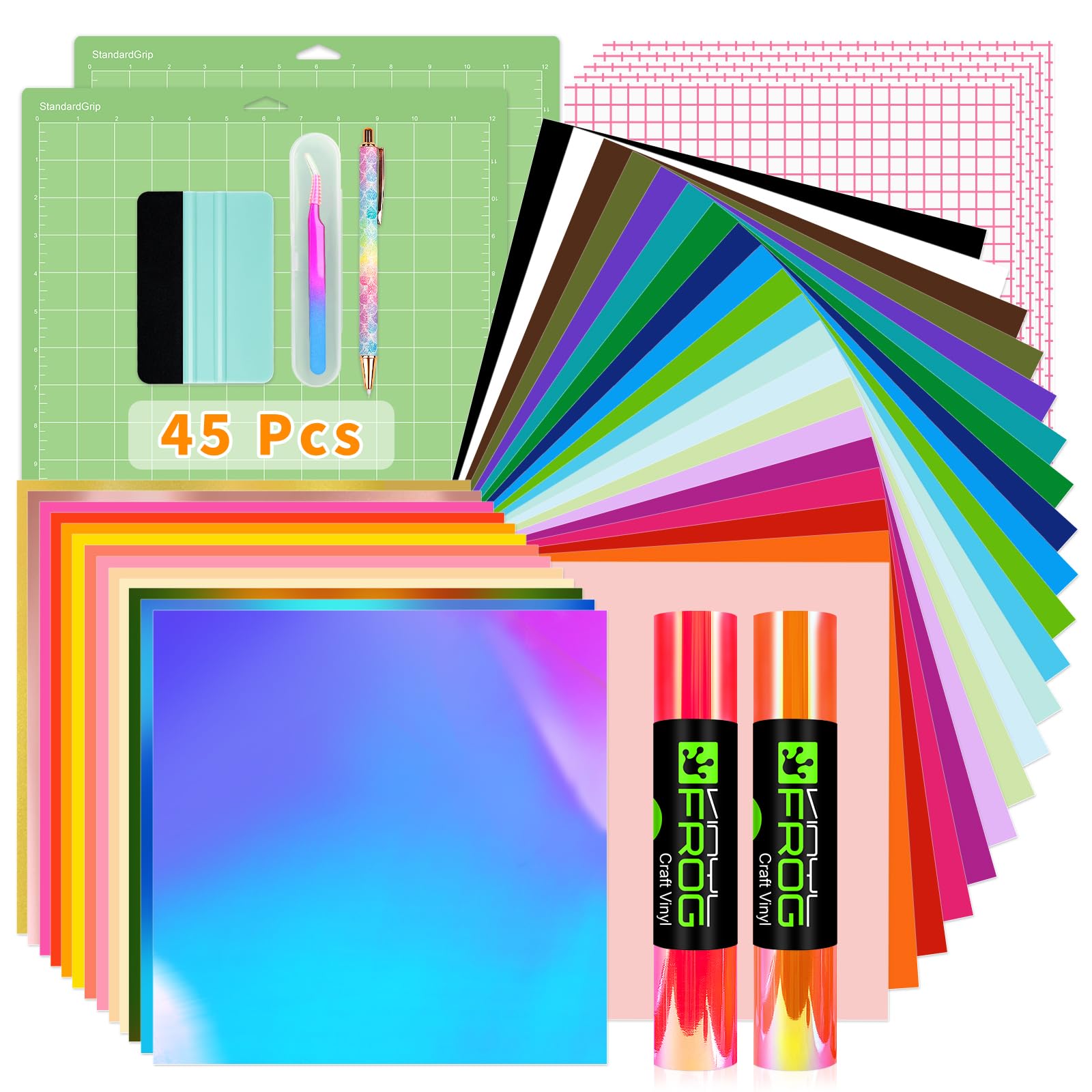 VINYL FROG 45PCS Accessories Bundle for Cricut-Vinyl Bundle for DIY Craft Projects，Ultimate Tools with Permanent Adhesive Vinyl, Holographic Vinyl, Transfer Tape, Cutting Mat, Weeding Tools, Scrape