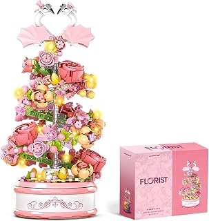 Building Block Flower Tree Music Box with Rotating Swan, 713 Pieces Creative DIY Assembly Kit, Pink Floral Design with LED Lights, Christmas Valentine's Day Gift