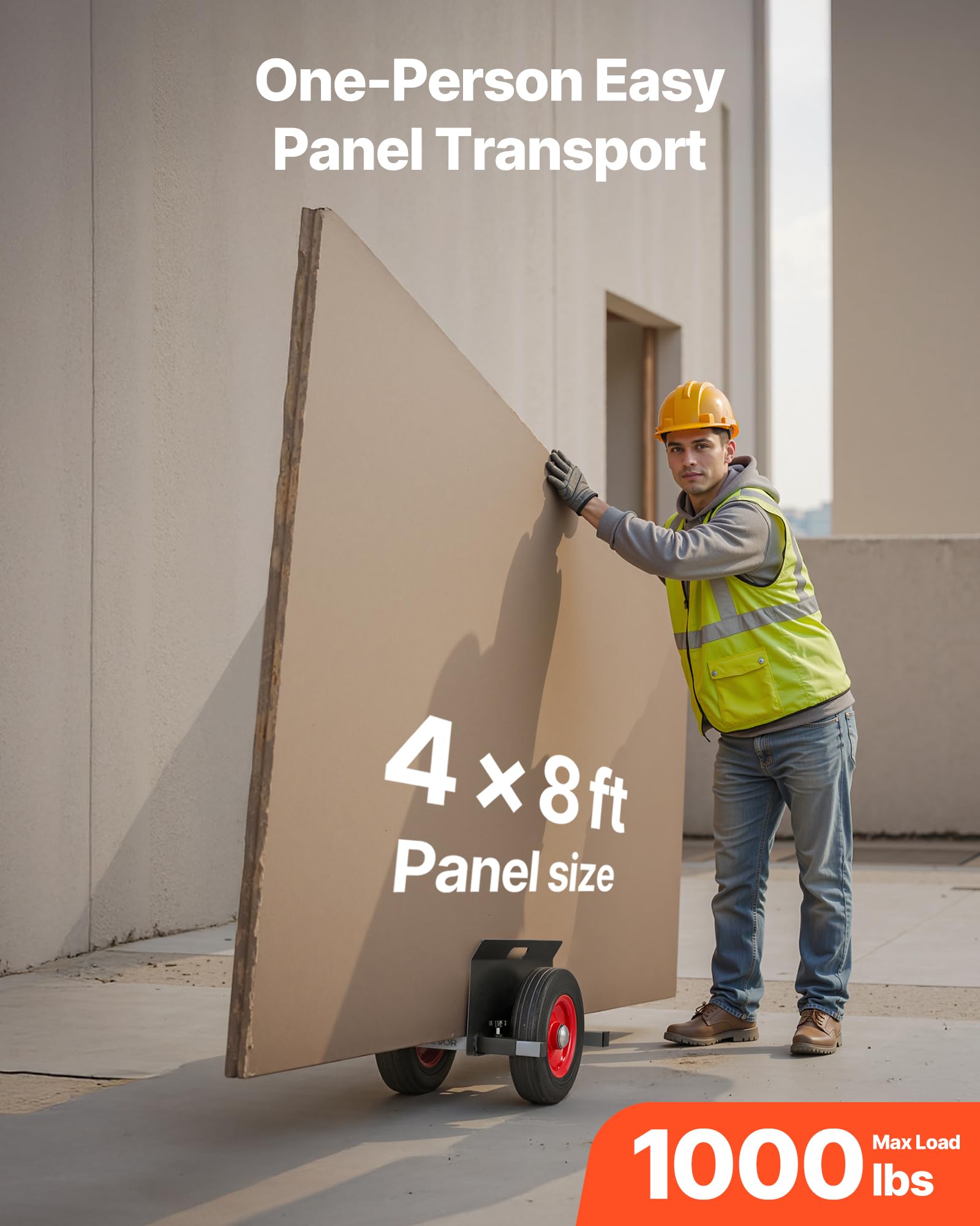 VEVOR Carrello per Cartongesso, Carico 453,6 kg, Carrello per Pannelli in Acciaio con Ruote Girevoli da 25 cm, Adatto a Superfici Piane, con Morsetto Regolabile per Fabbrica, Garage, Nero