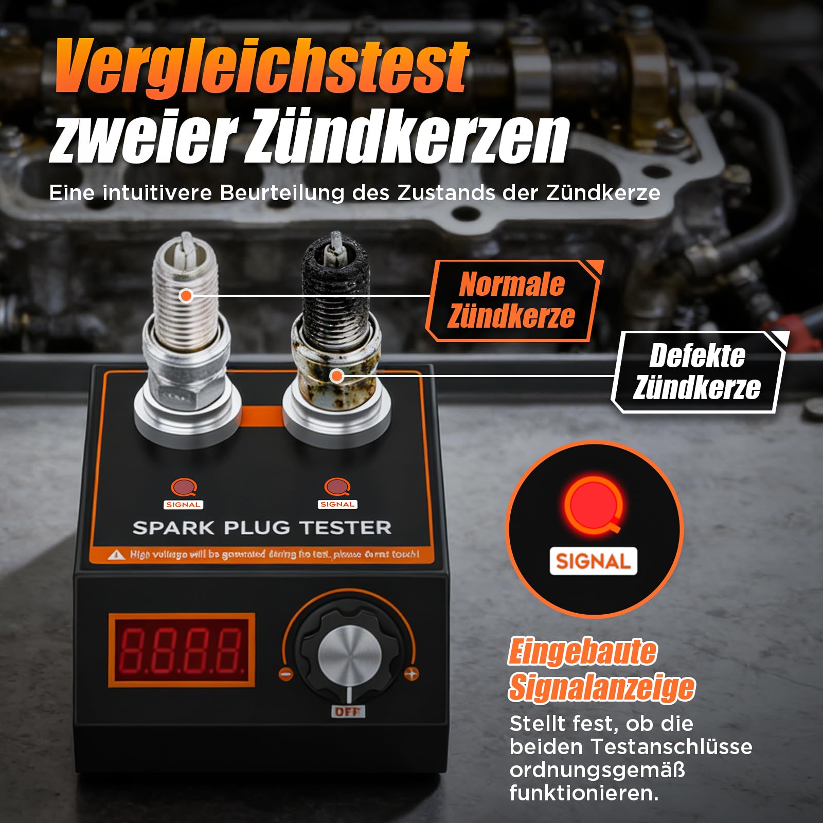 Zündkerzentester, Zündkerzenprüfgerät mit zwei Öffnungen, MotorZündungstester, Einstellbare Arbeitsfrequenz von 500 bis 9000 U/min, Zündkerzenprüfer für 12-V-Autos und Motorräder