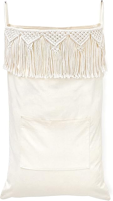 Mkono Macrame Hanging Laundry Hamper with Over The Door Hooks Saving Space Laundry Bag with Zipper and Wide Open Top Boho Decor Hanging Dorm Dirty Clothes Hamper, for Bathroom Home Travel